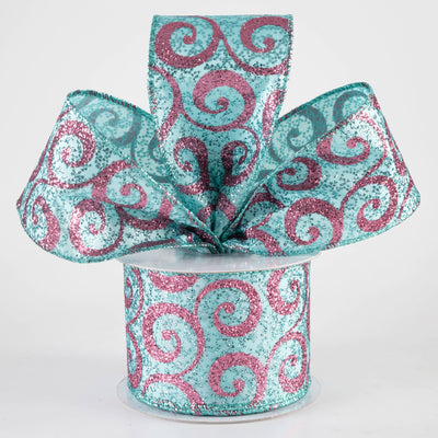 2.5" Ultra Glitter Swirls Ribbon: Pink on Aqua Teal Blue (10 Yards) Lifestyle Photo