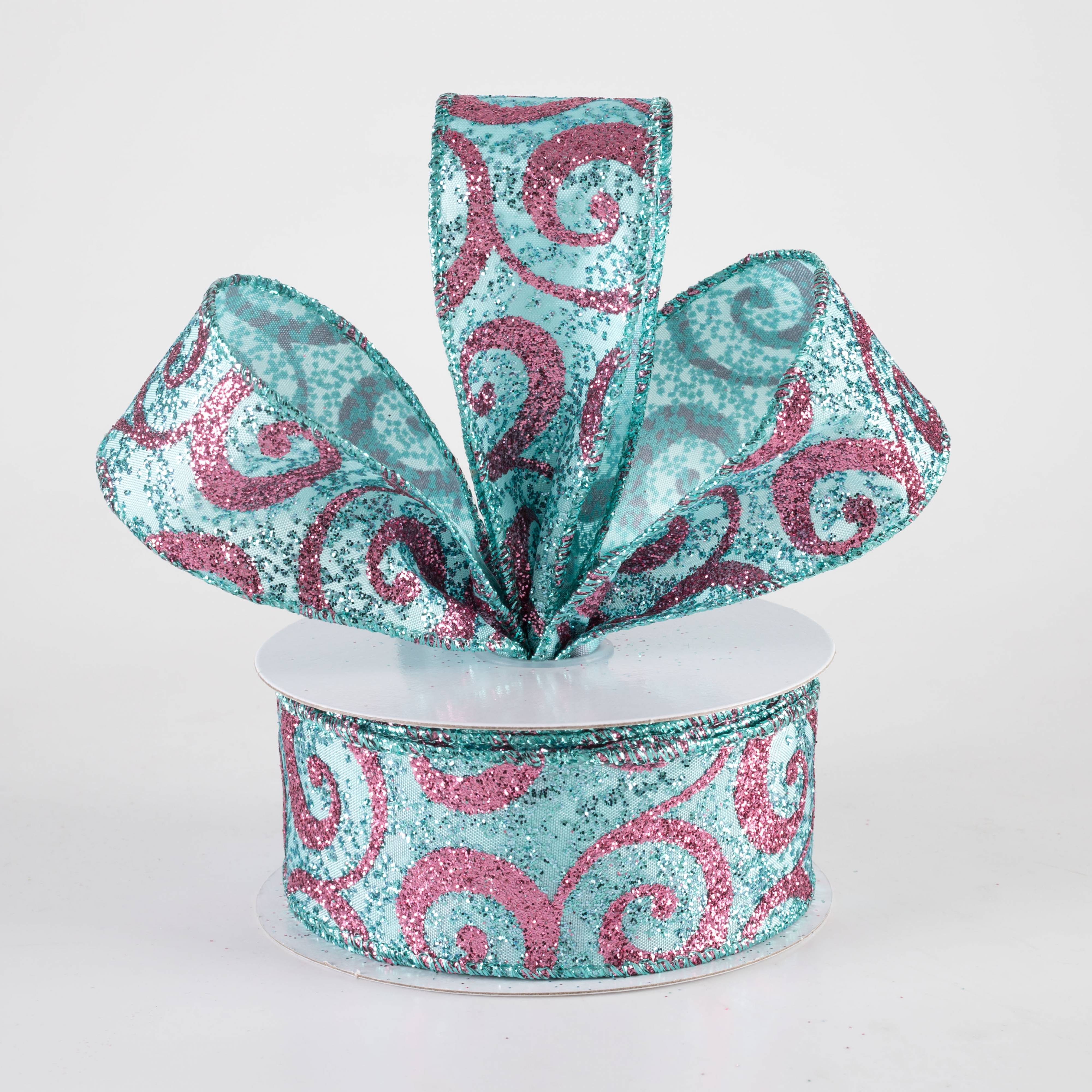 1.5" Ultra Glitter Swirls Ribbon: Pink on Aqua Teal Blue (10 Yards) Lifestyle Photo