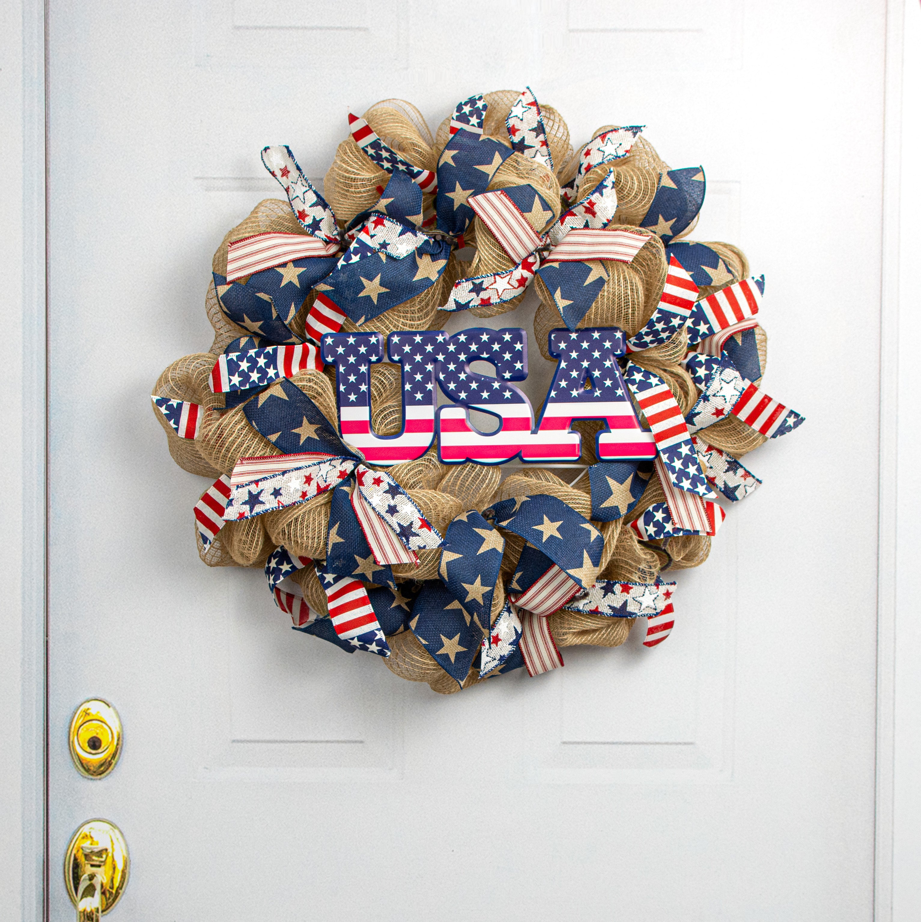 14" USA Flag Stars Embossed Metal Hanger Lifestyle Photo