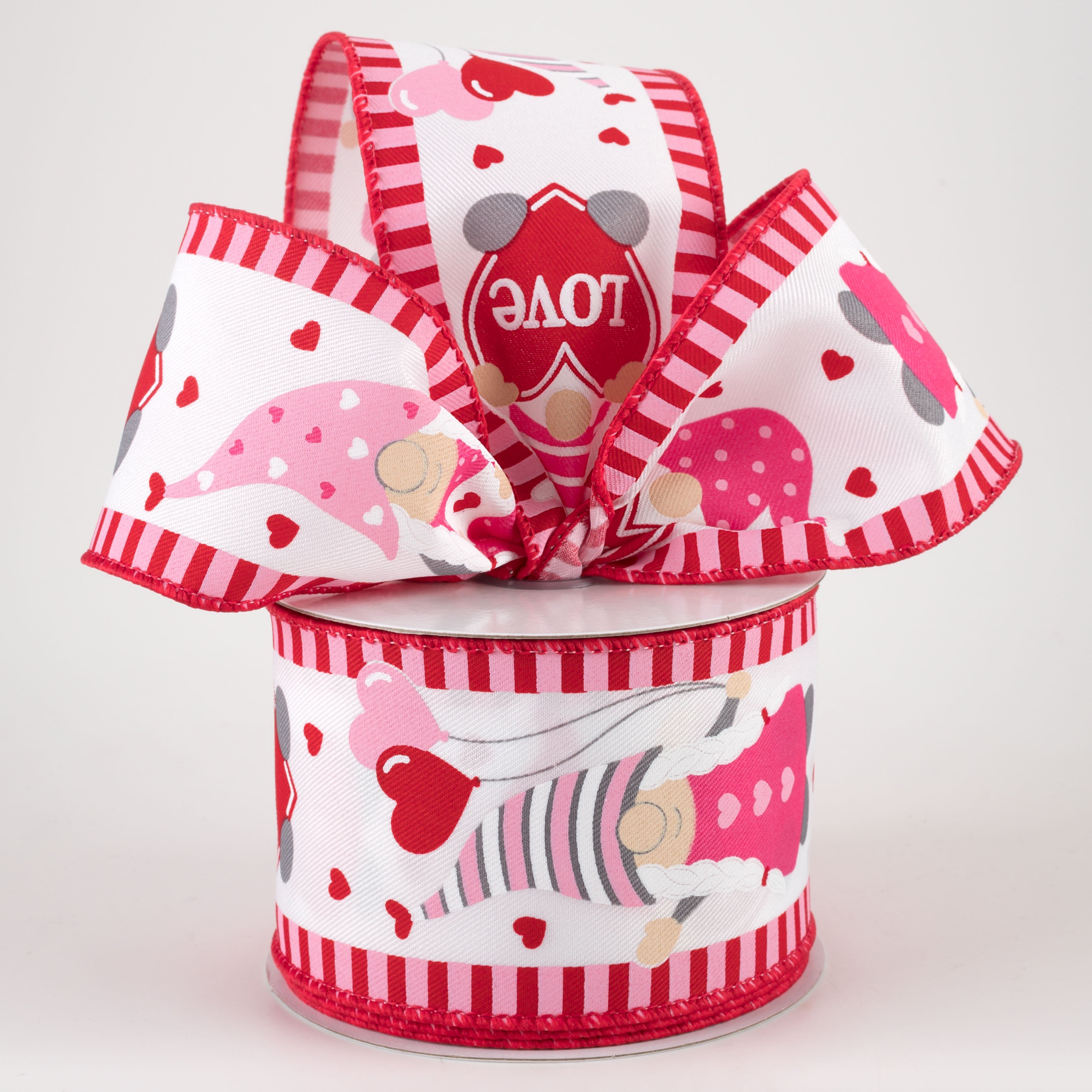 2.5" Valentine Gnomes Thin Stripe Edge Ribbon: White (10 Yards) Lifestyle Photo