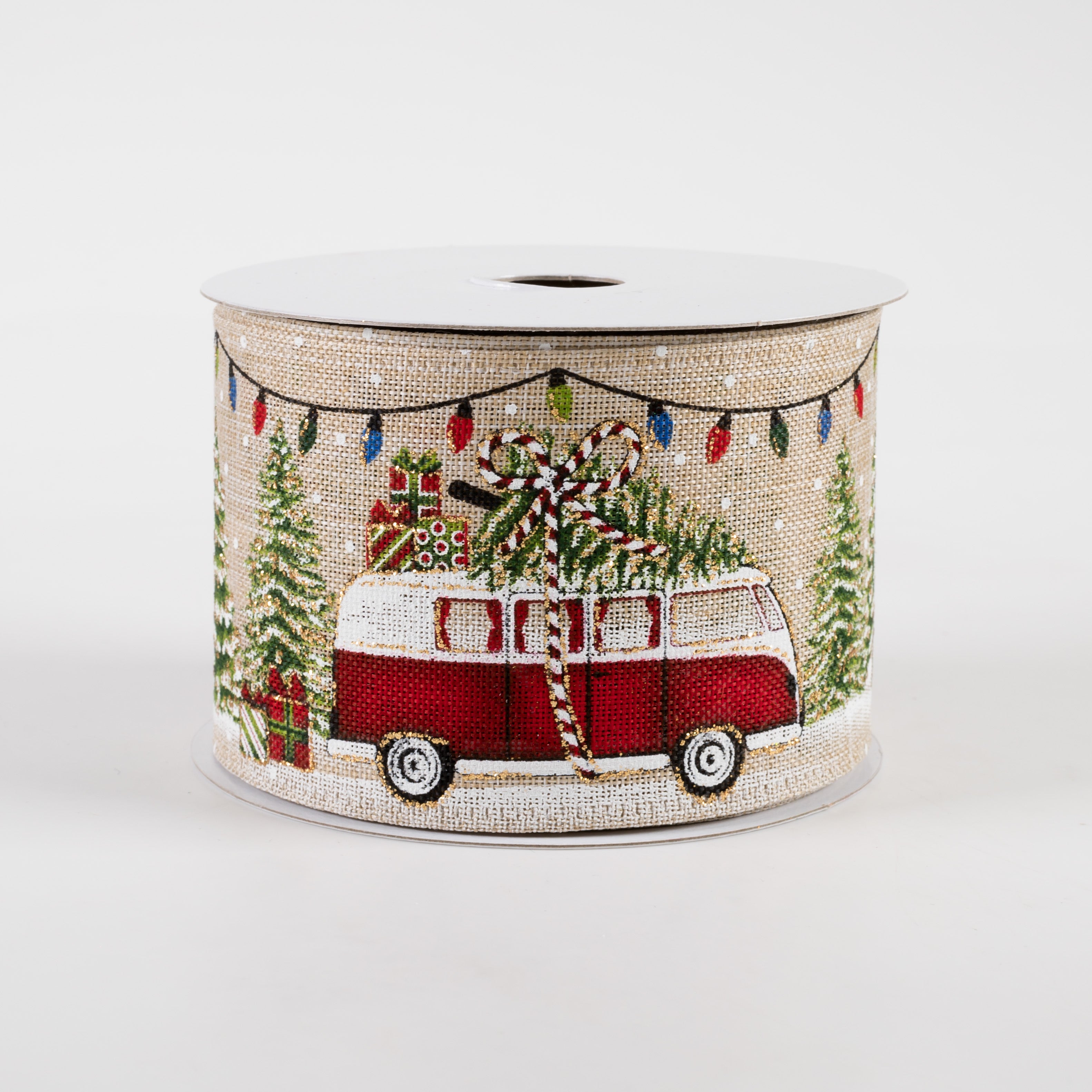 2.5" Van & Truck With Christmas Tree Ribbon: Natural (10 Yards)