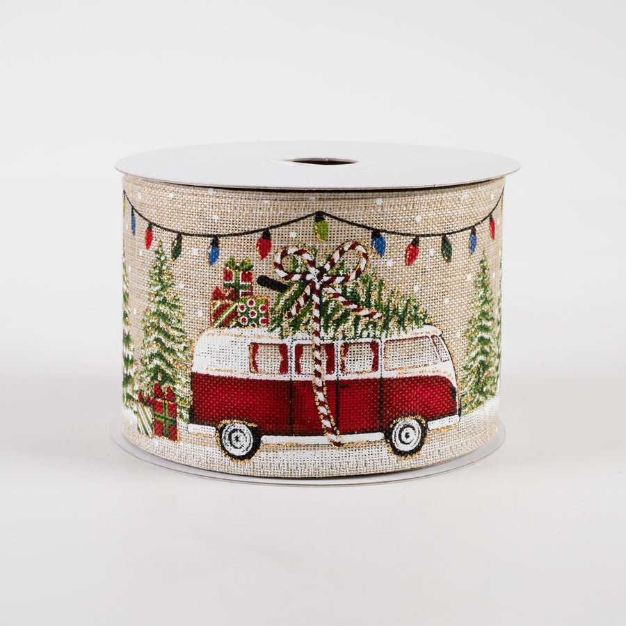 2.5" Van & Truck With Christmas Tree Ribbon: Natural (10 Yards)