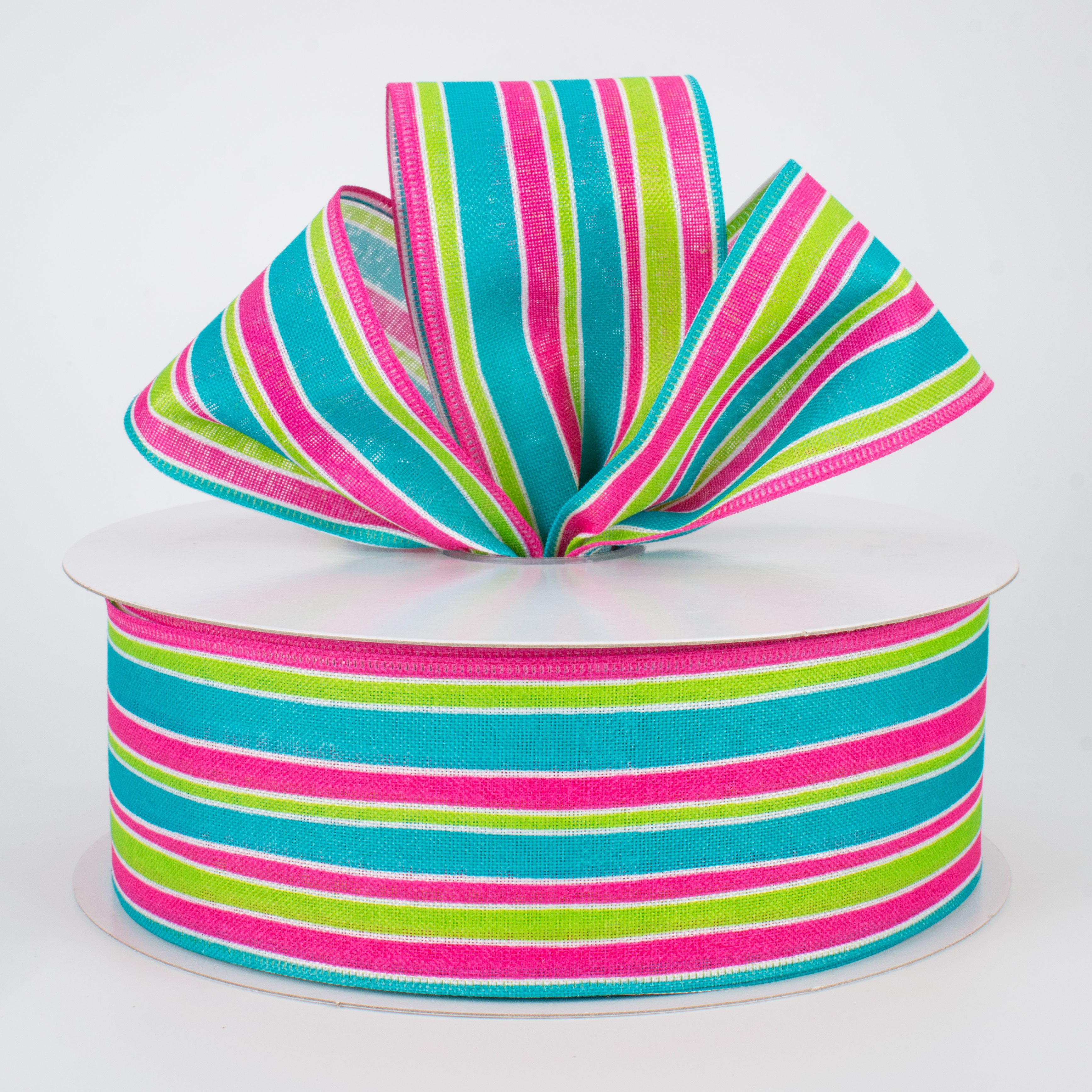 2.5" Variating Stripe Ribbon: Teal, Lime, Fuchsia (50 Yards) Lifestyle Photo
