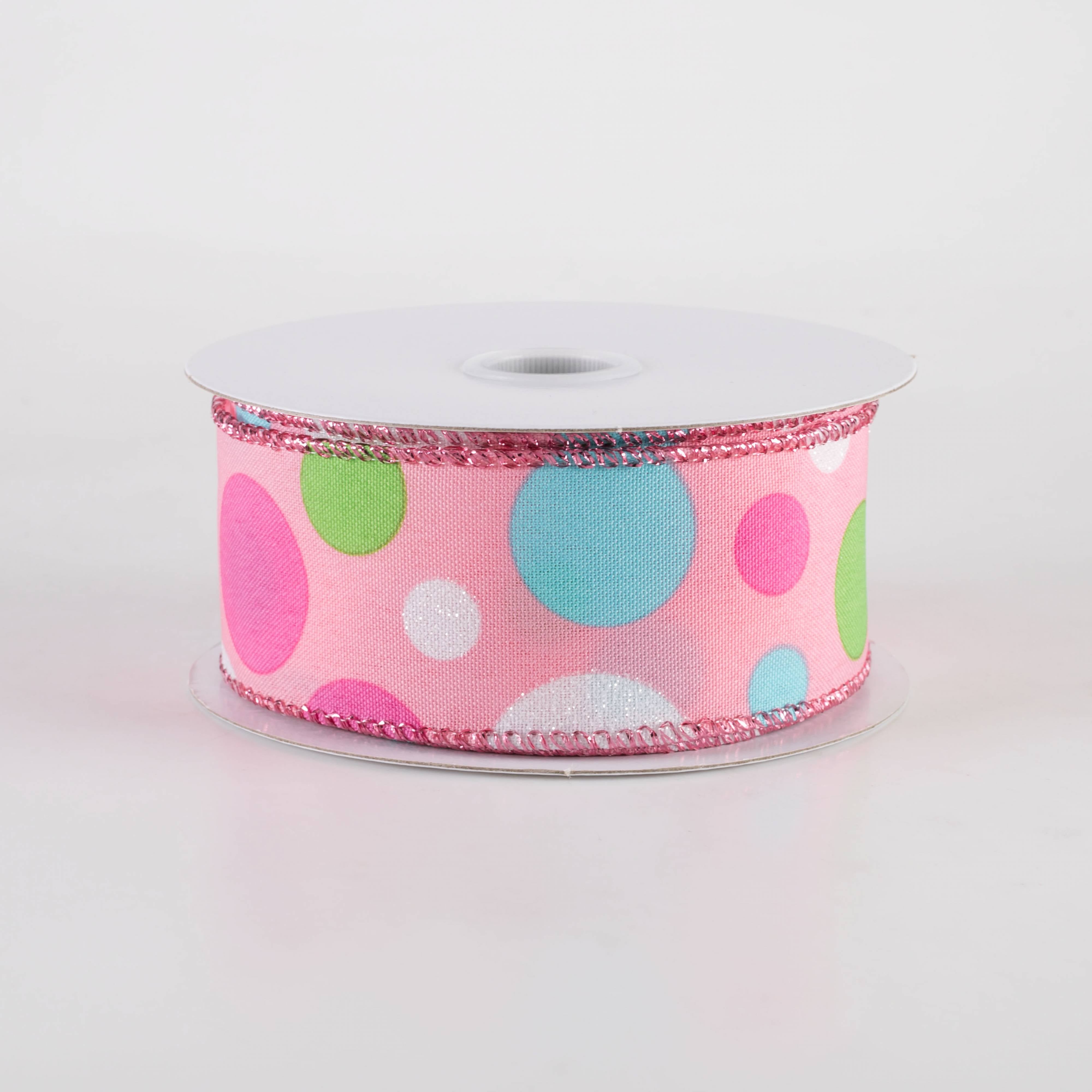 1.5" Varied Polka Dots Ribbon: Fuchsia, Lime, Blue & White on Pink (10 Yards) Item Number: 71408-09-03
