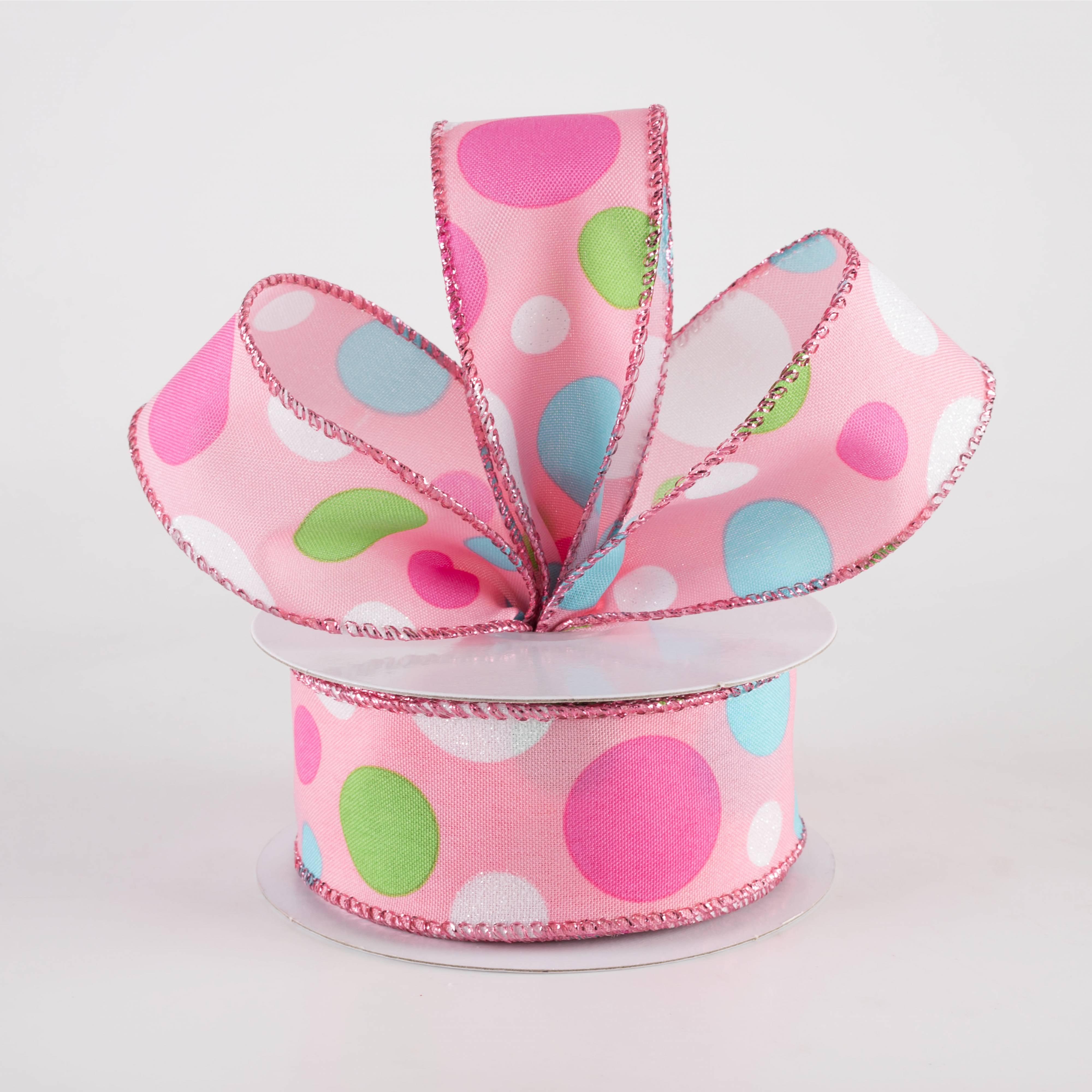 1.5" Varied Polka Dots Ribbon: Fuchsia, Lime, Blue & White on Pink (10 Yards) Lifestyle Photo