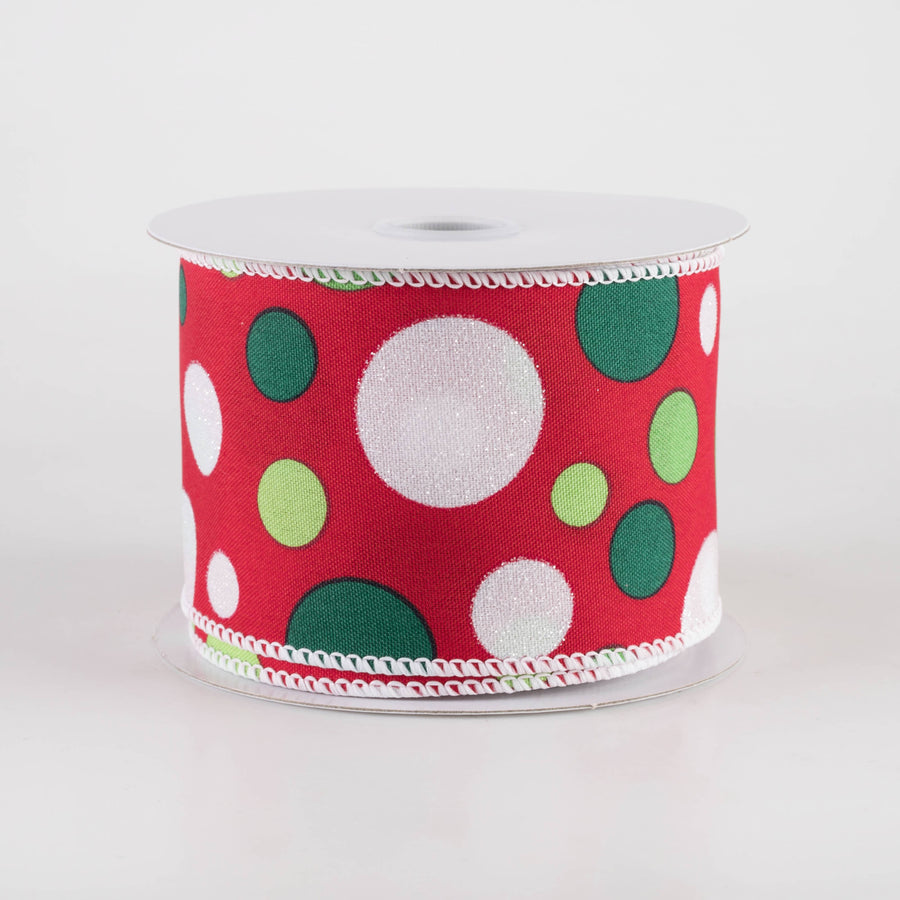 2.5" Varied Polka Dots Ribbon: Lime, Emerald & White on Red (10 Yards) Item Number: 71408-40-17