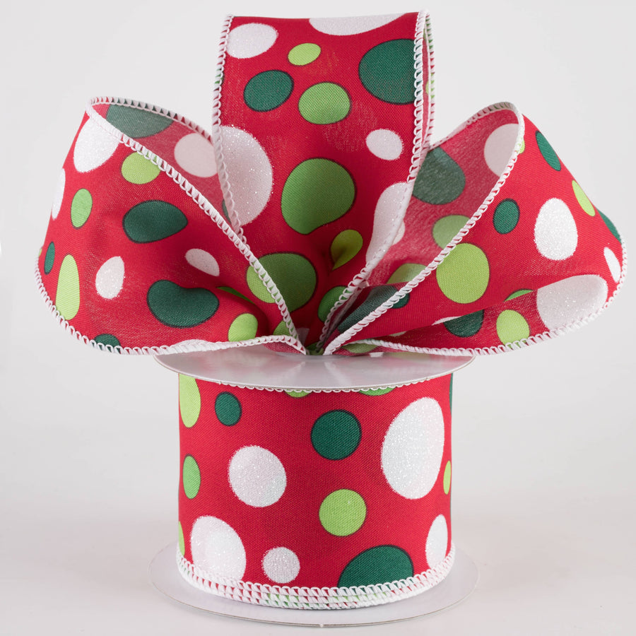2.5" Varied Polka Dots Ribbon: Lime, Emerald & White on Red (10 Yards) Lifestyle Photo