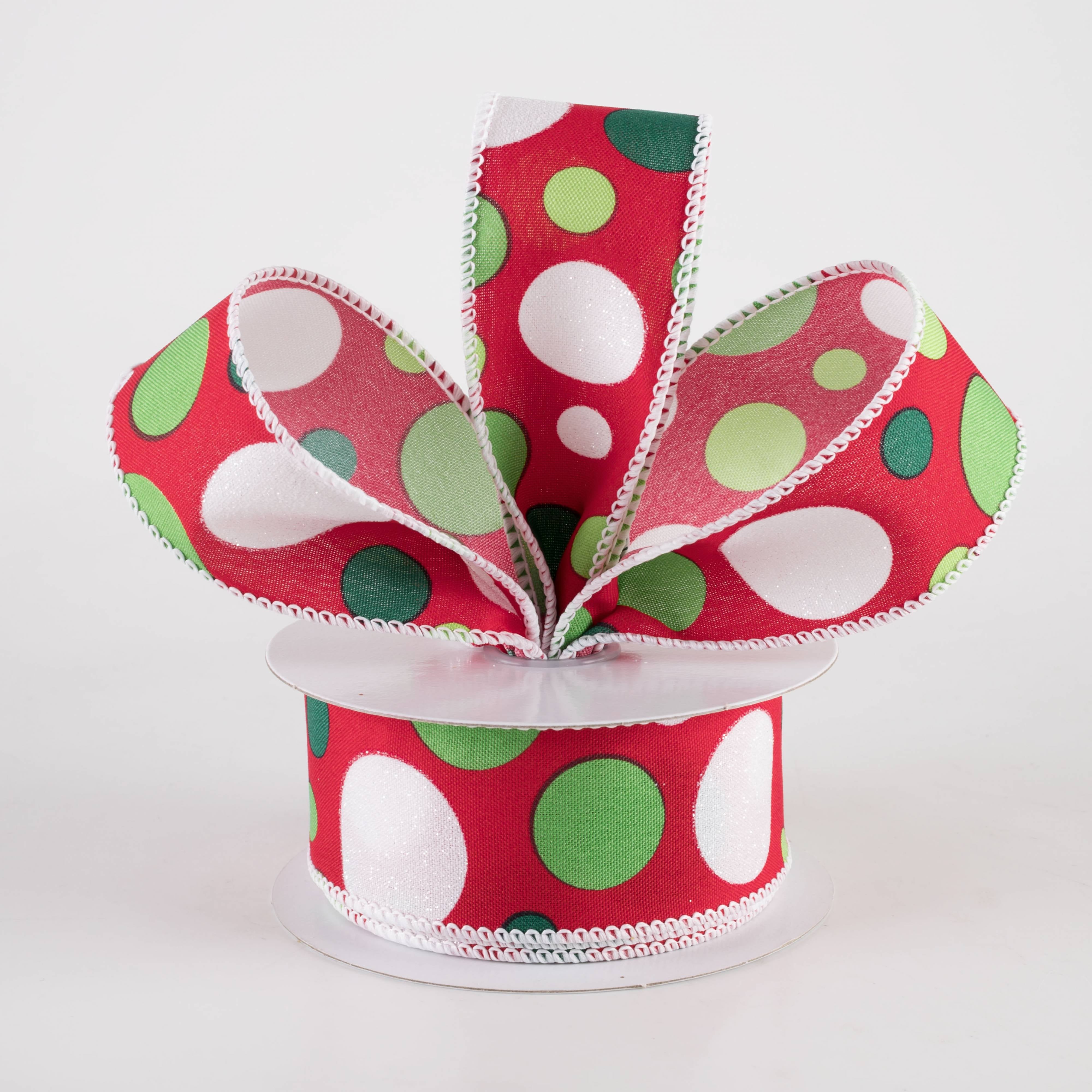 1.5" Varied Polka Dots Ribbon: Lime, Emerald & White on Red (10 Yards) Lifestyle Photo