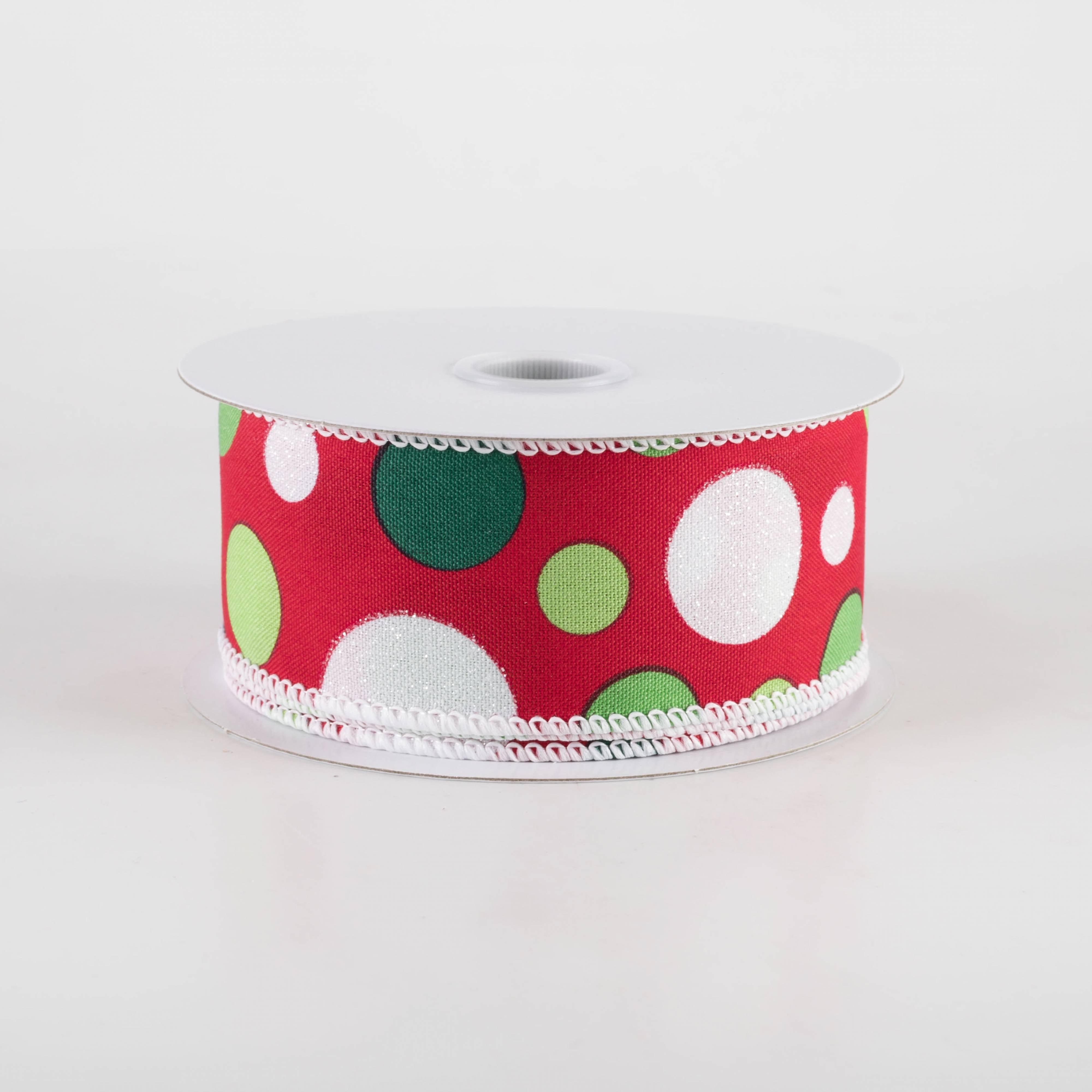 1.5" Varied Polka Dots Ribbon: Lime, Emerald & White on Red (10 Yards) Item Number: 71408-09-17