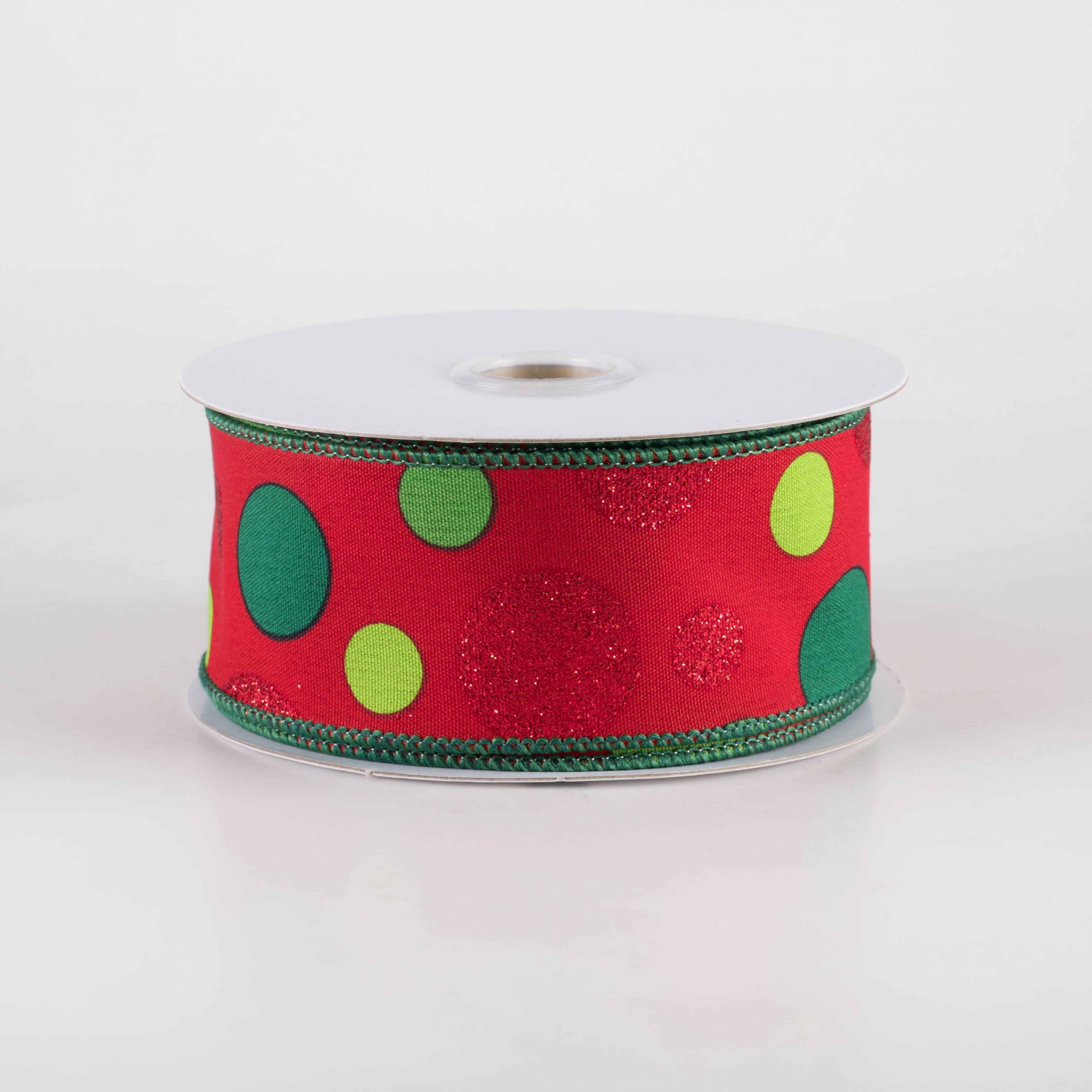 1.5" Varied Polka Dots Ribbon: Red, Lime & Emerald on Red (10 Yards) Item Number: 78469-09-12