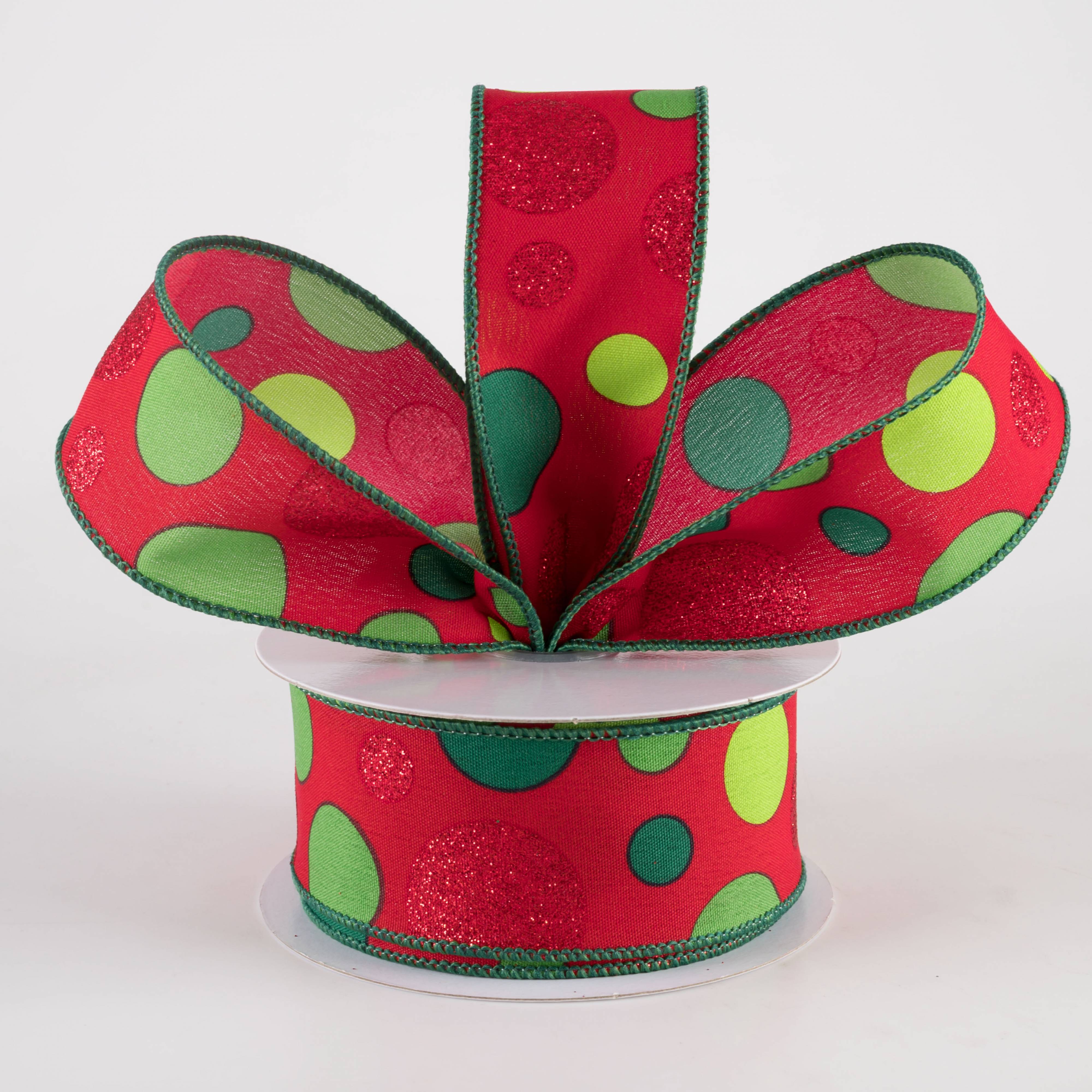 1.5" Varied Polka Dots Ribbon: Red, Lime & Emerald on Red (10 Yards) Lifestyle Photo