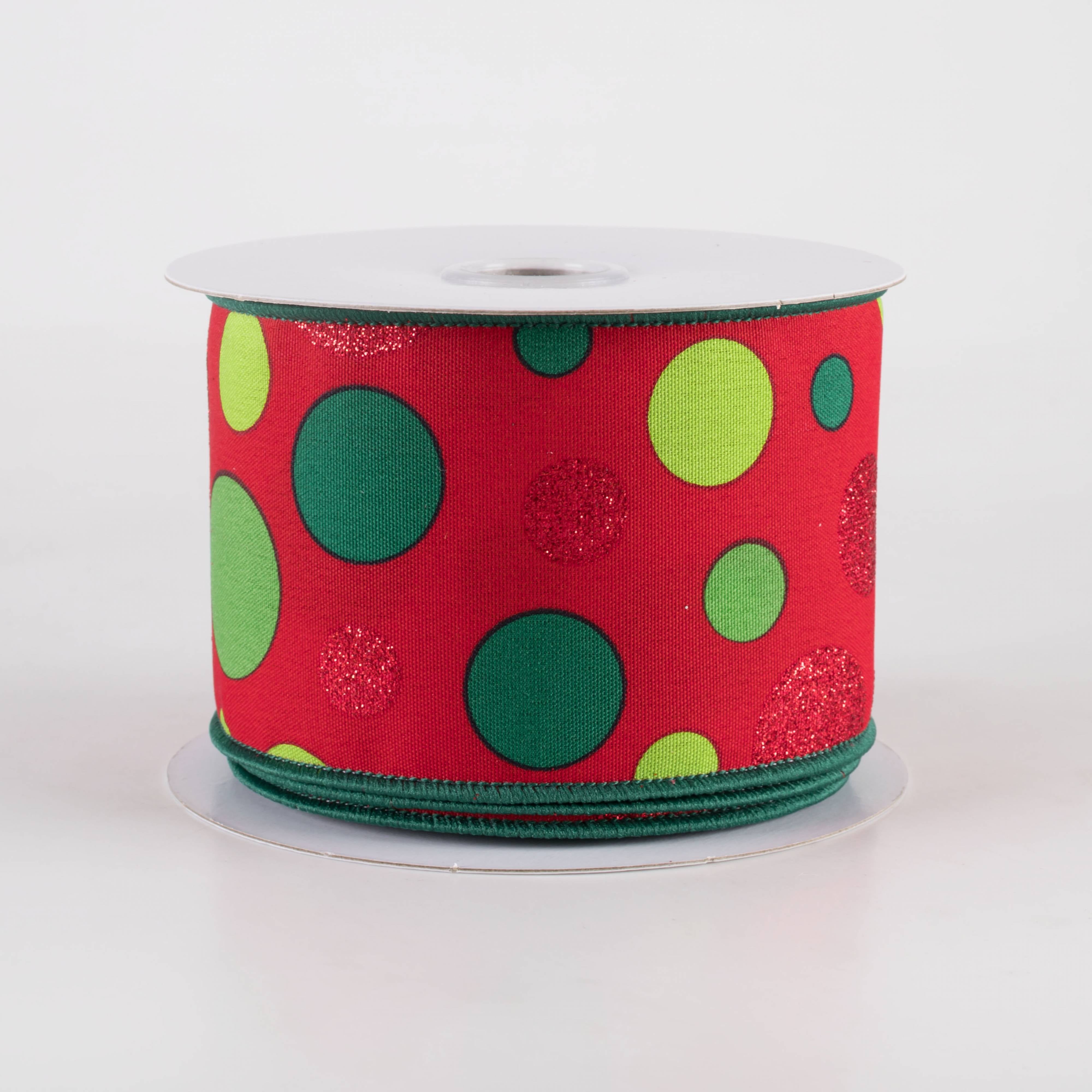 2.5" Varied Polka Dots Ribbon: Red, Lime & Emerald on Red (10 Yards) Item Number: 78469-40-12