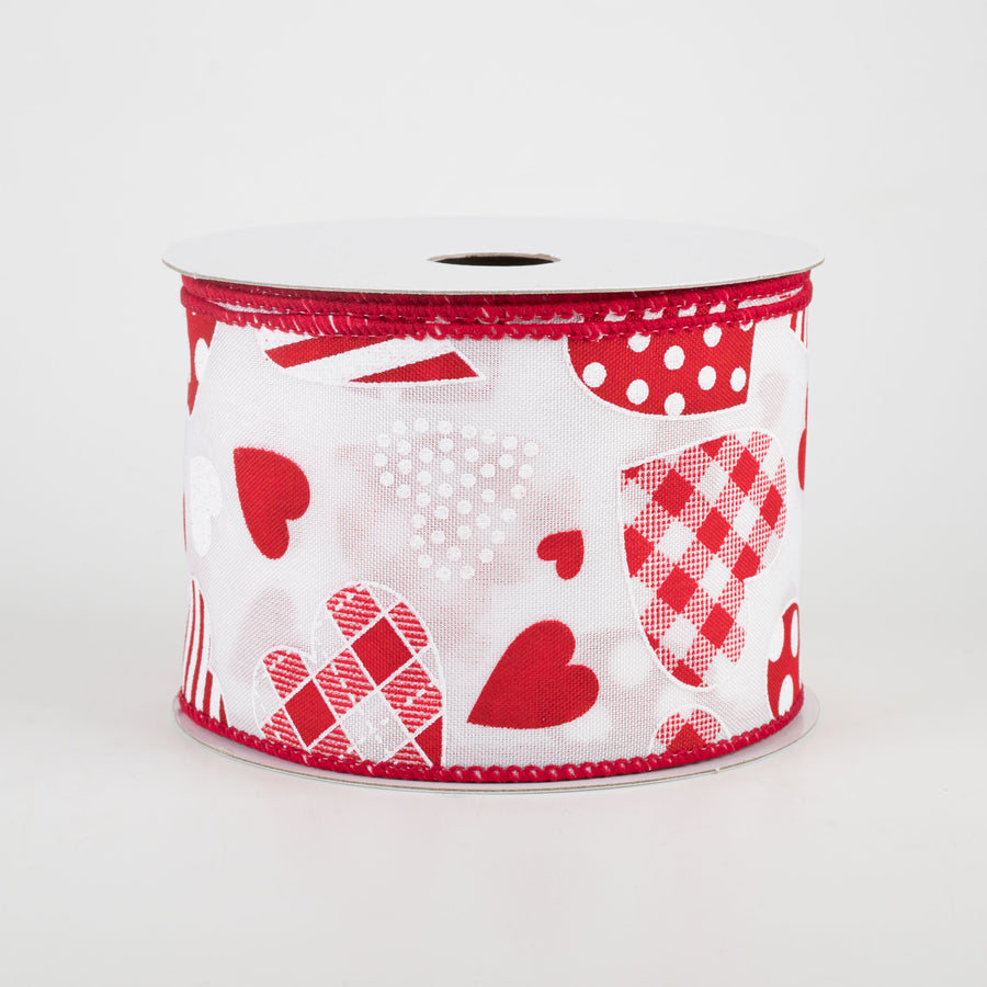 2.5" Variety Patterned Hearts Ribbon: White & Red (10 Yards) Item Number: 11103-40-01