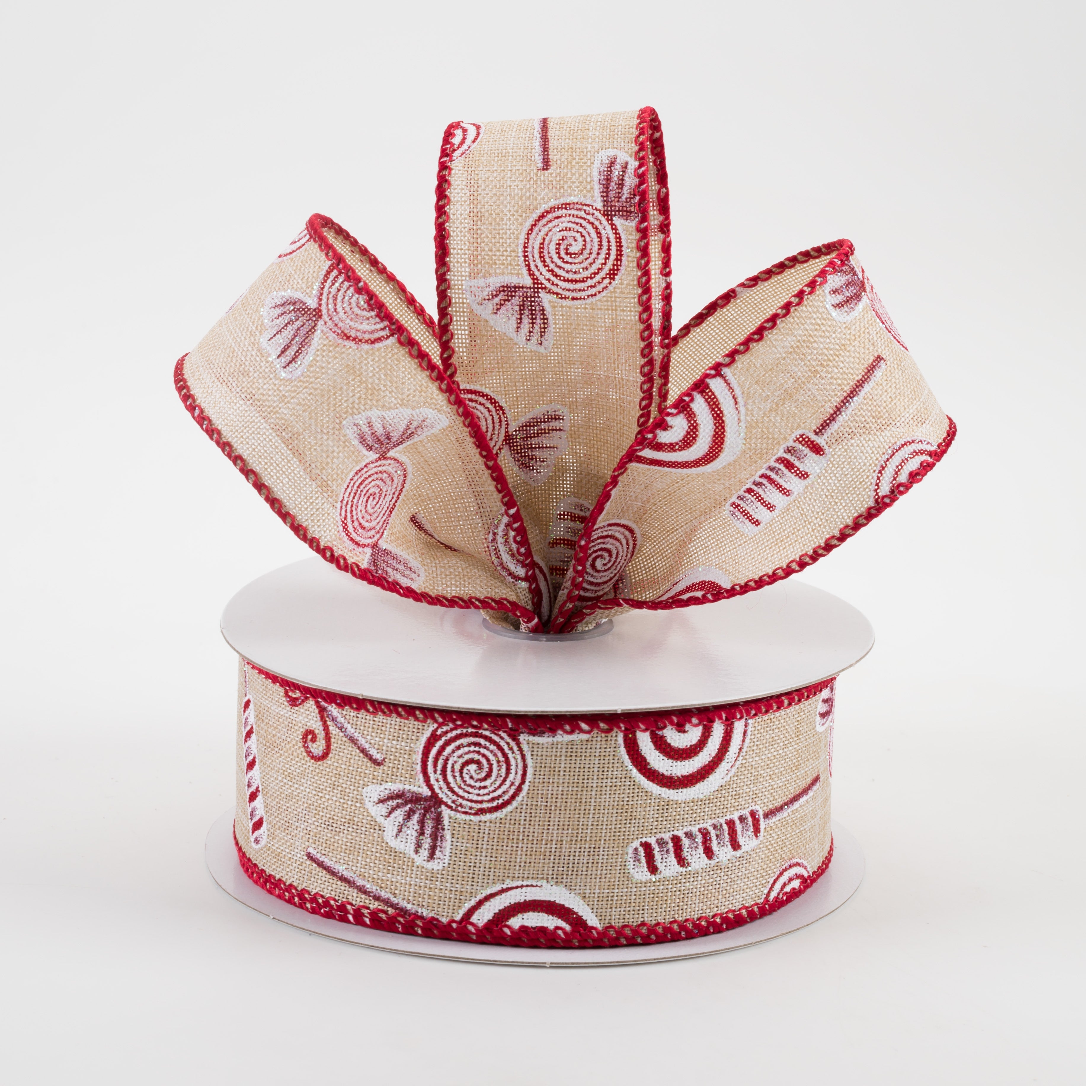 1.5" Various Christmas Candy Linen Ribbon: Natural (10 Yards) Lifestyle Photo