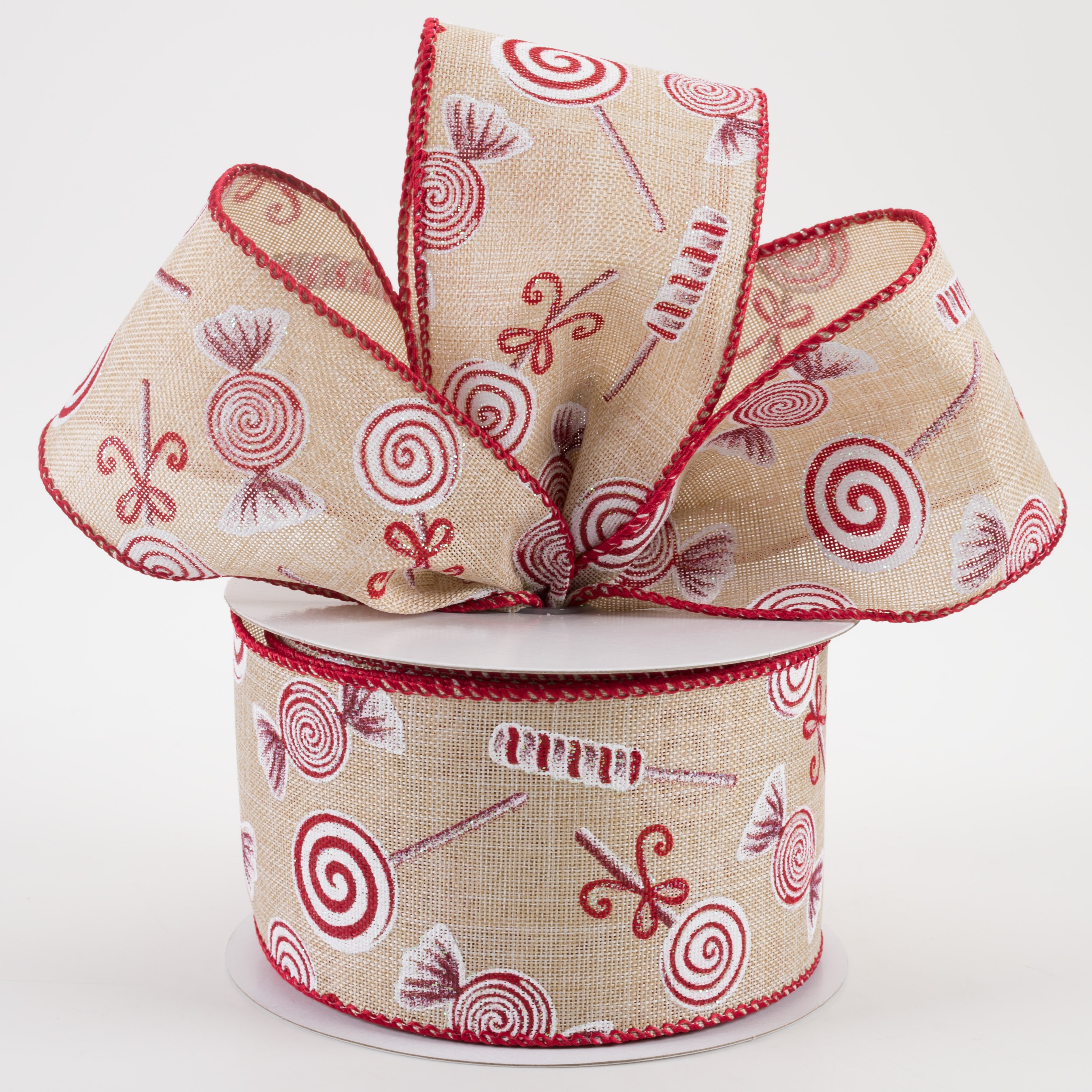 2.5" Various Christmas Candy Linen Ribbon: Natural (10 Yards) Lifestyle Photo