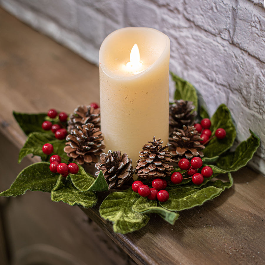 10" Velvet American Holly & Pinecone Wreath Lifestyle Photo