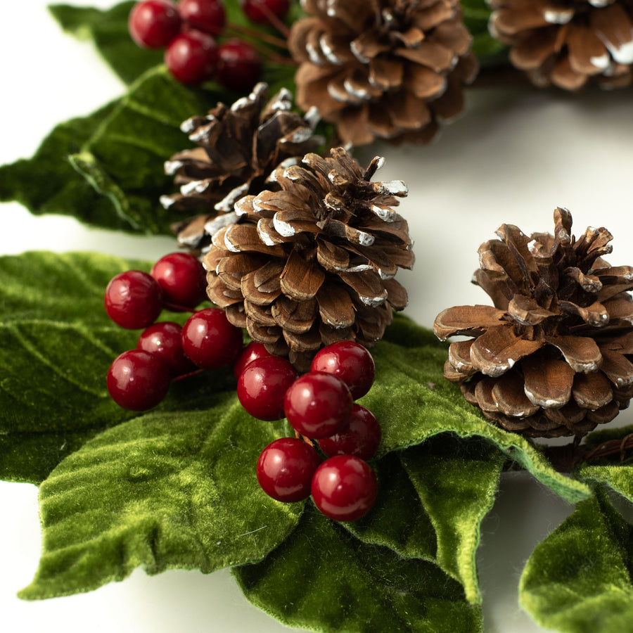 10" Velvet American Holly & Pinecone Wreath detail photo 3