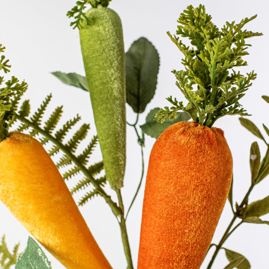 20" Velvet Carrot & Leaves Pick: Yellow, Moss Green, Orange Lifestyle Photo