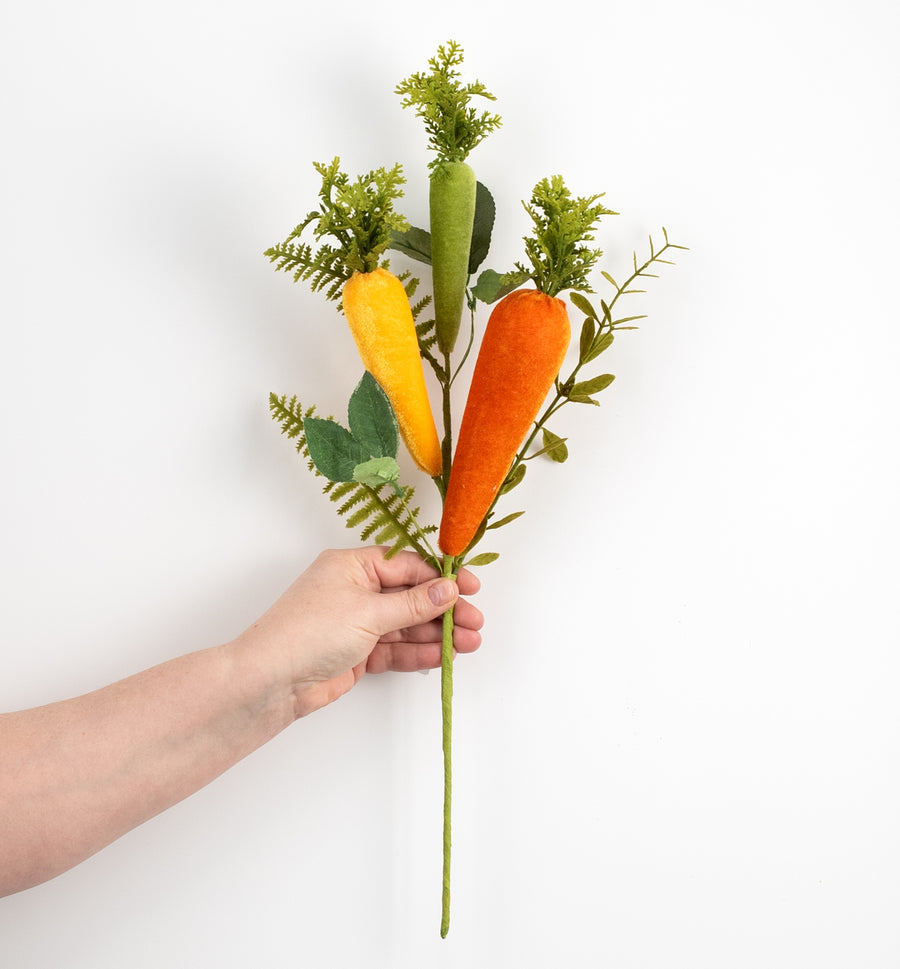 20" Velvet Carrot & Leaves Pick: Yellow, Moss Green, Orange detail photo 3