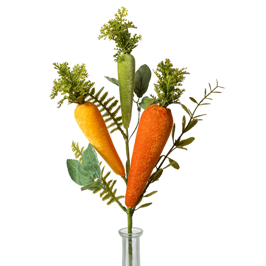 20" Velvet Carrot & Leaves Pick: Yellow, Moss Green, Orange Item Number: 182093