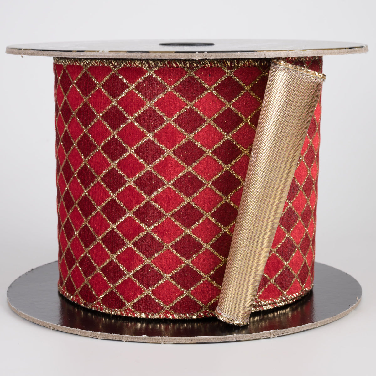 4" Velvet Diamond Harlequin Metallic Backed Ribbon: Dark Red, Red & Gold (5 Yards) Item Number: D73620-04-13