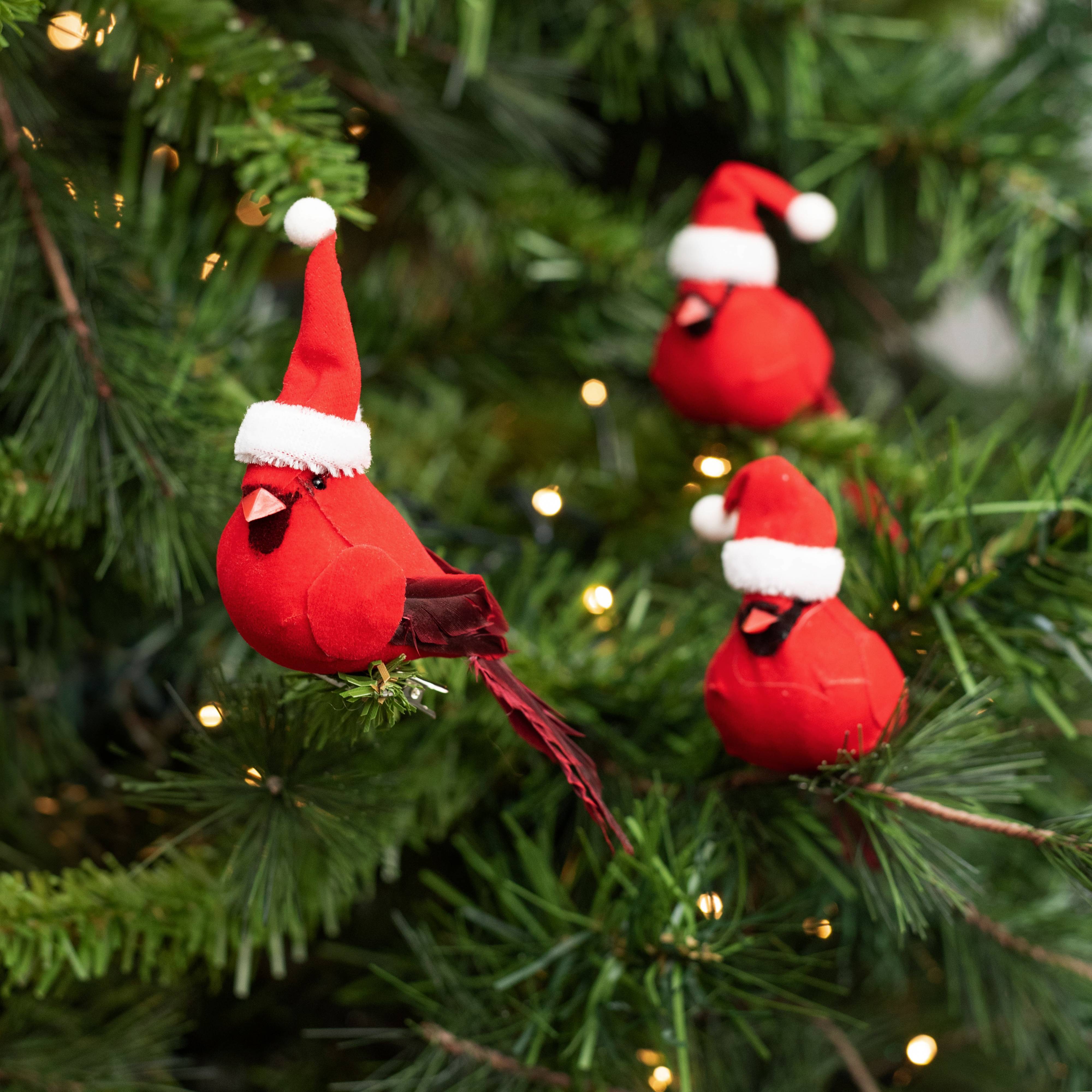 4" Velvet & Feather Santa Hat Cardinal Clip Ornaments (Box of 12) Lifestyle Photo