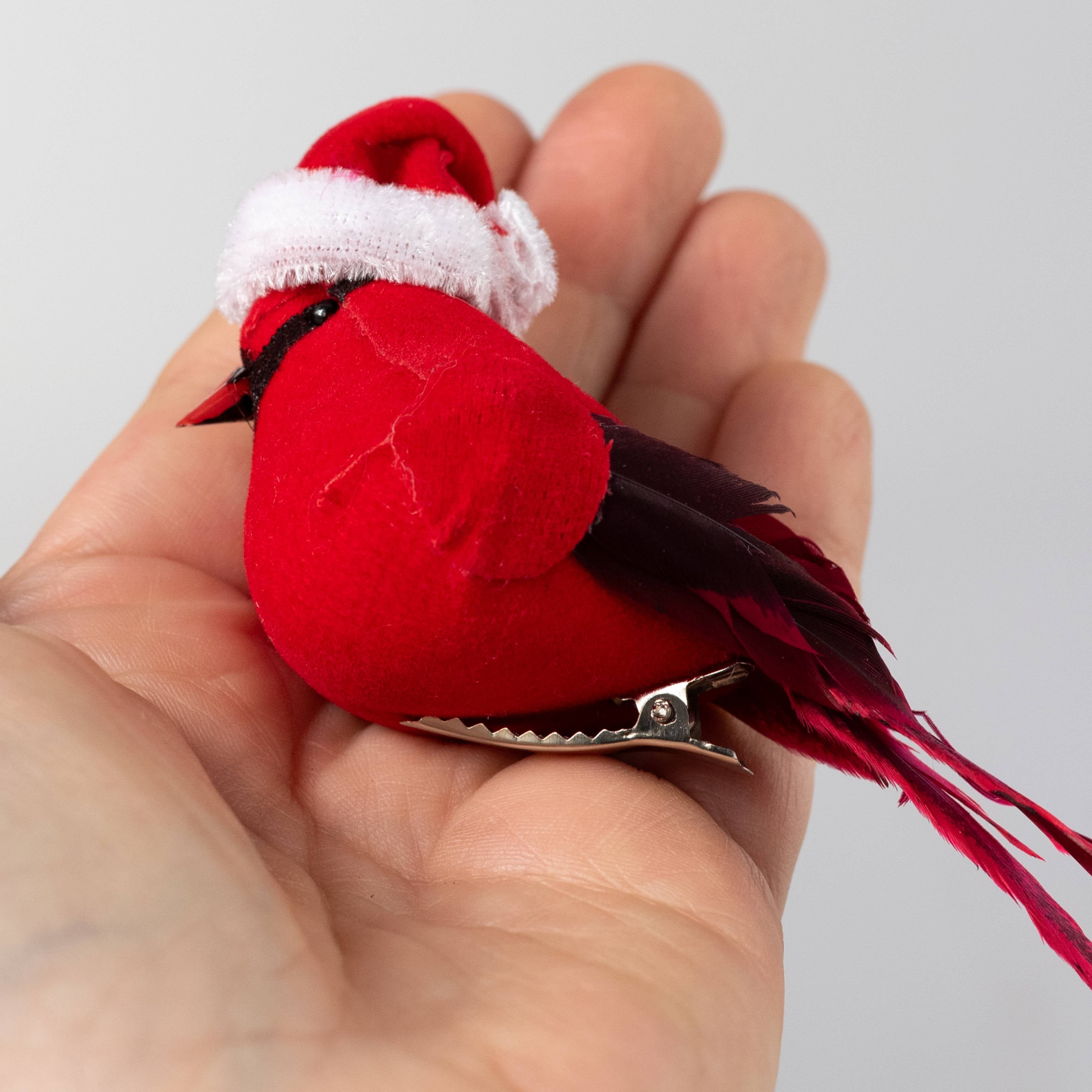 4" Velvet & Feather Santa Hat Cardinal Clip Ornaments (Box of 12) detail photo 3