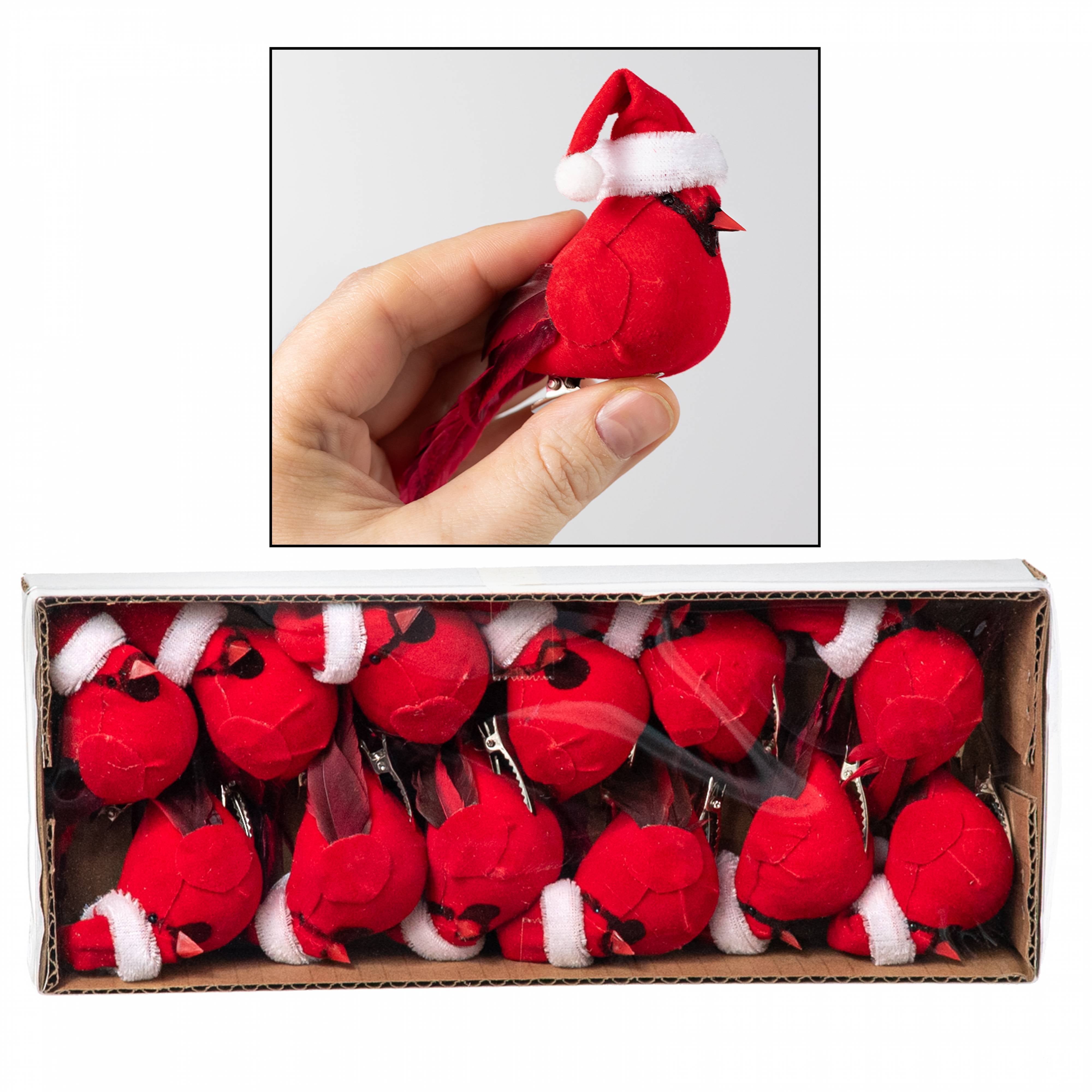 4" Velvet & Feather Santa Hat Cardinal Clip Ornaments (Box of 12) Item Number: ME7192