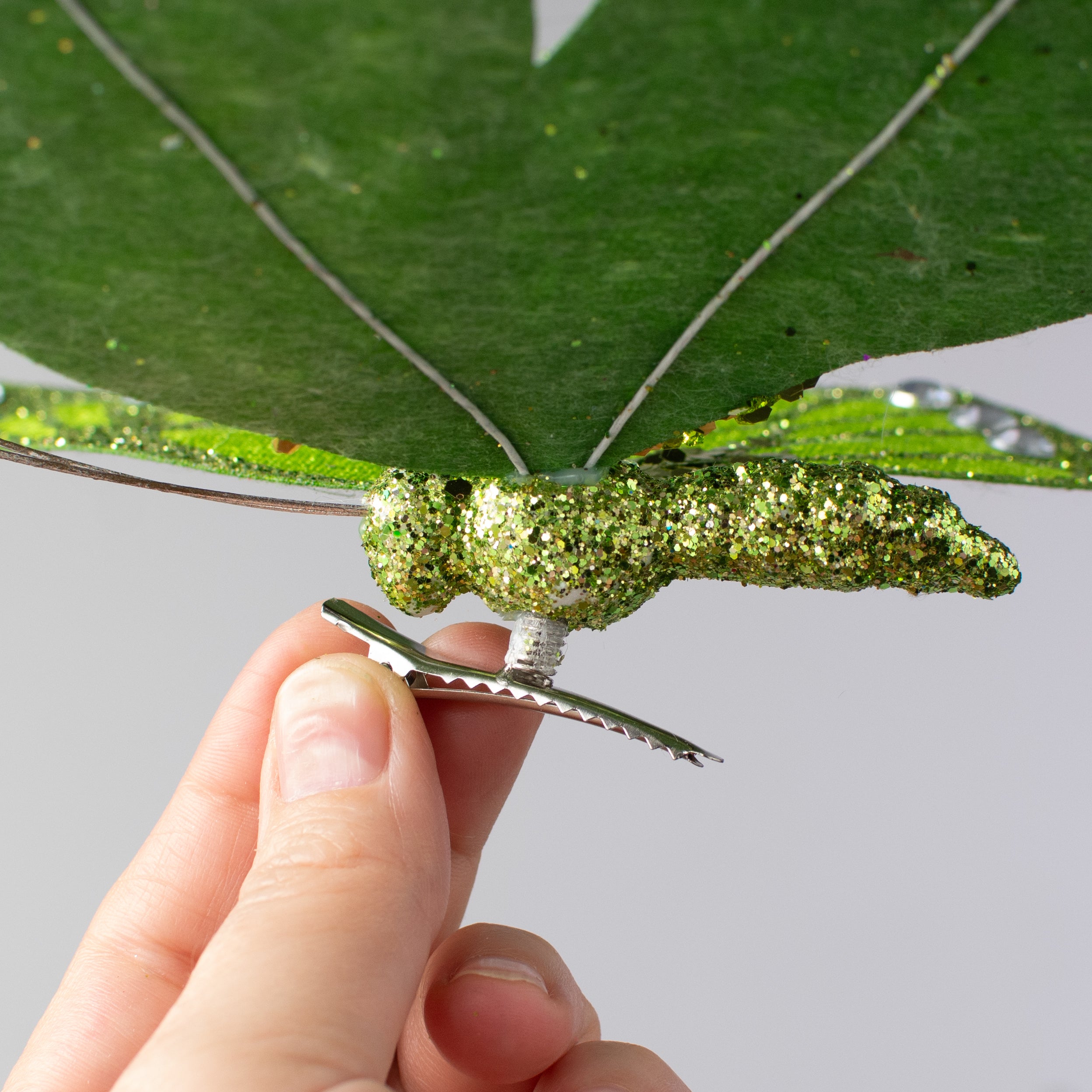 9" Velvet, Glitter, Gem Butterfly Ornament: Lime Green detail photo 3
