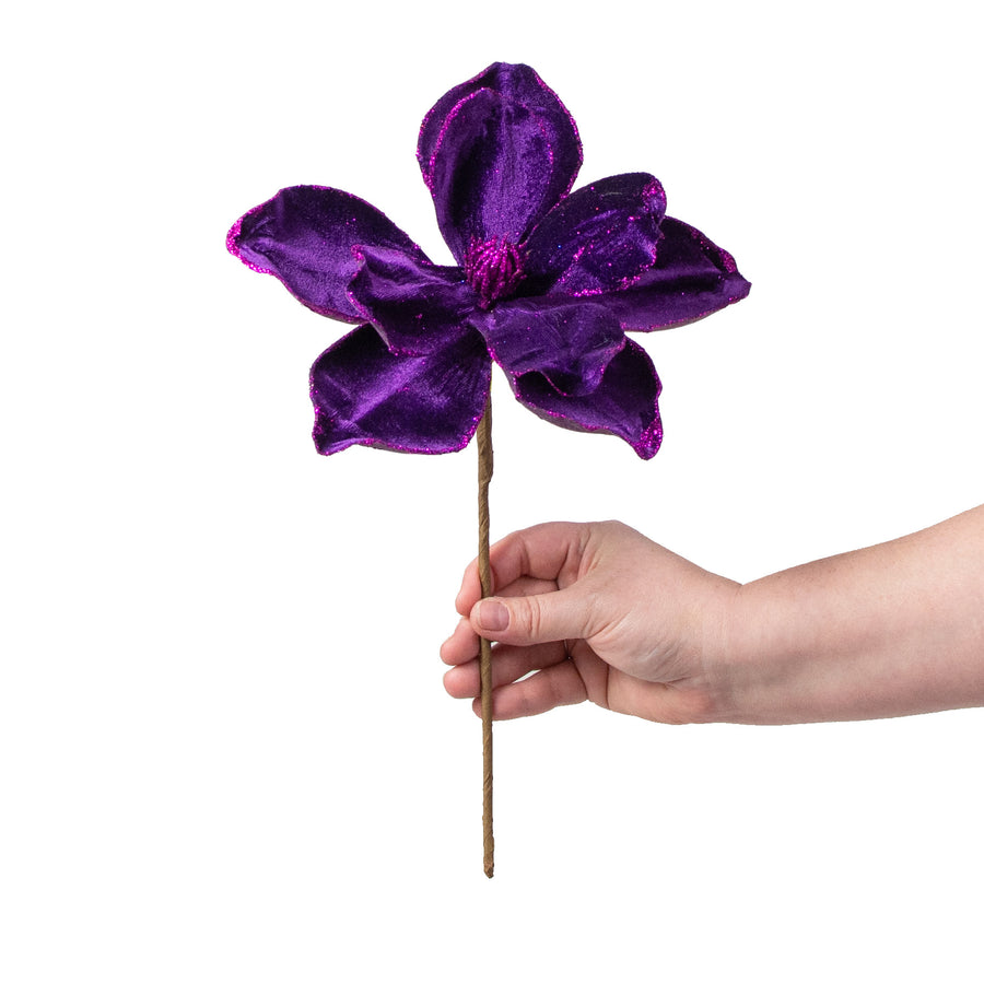 10" Velvet & Glitter Magnolia Spray: Dark Purple detail photo 3