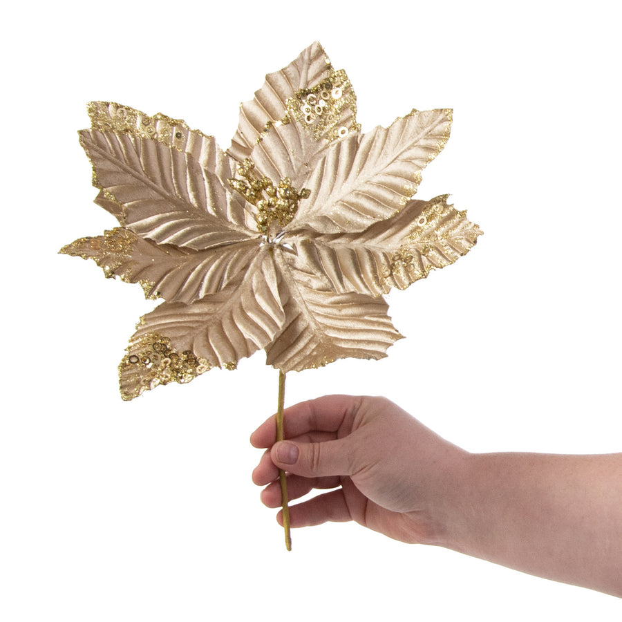 11" Velvet Glitter Poinsettia Stem: Gold detail photo 3