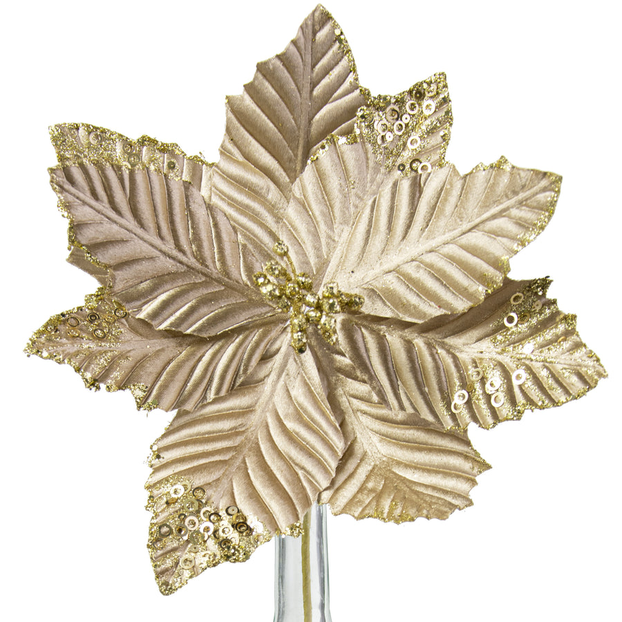 11" Velvet Glitter Poinsettia Stem: Gold Item Number: NF410808