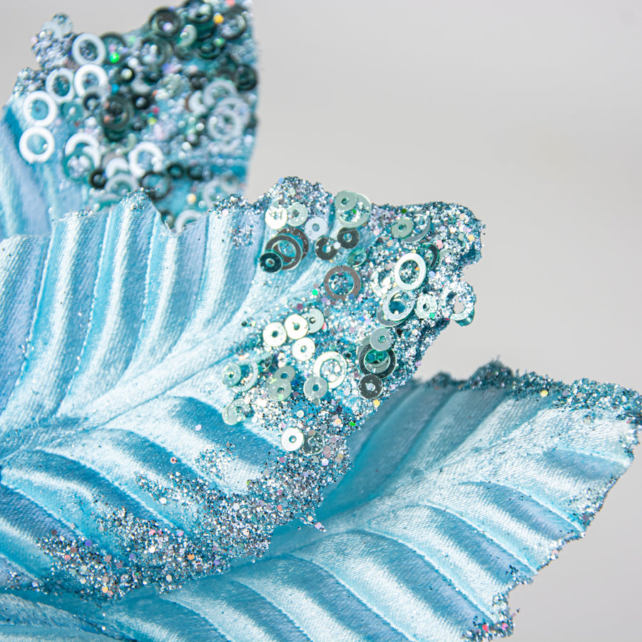 11" Velvet Glitter Poinsettia Stem: Light Blue Lifestyle Photo
