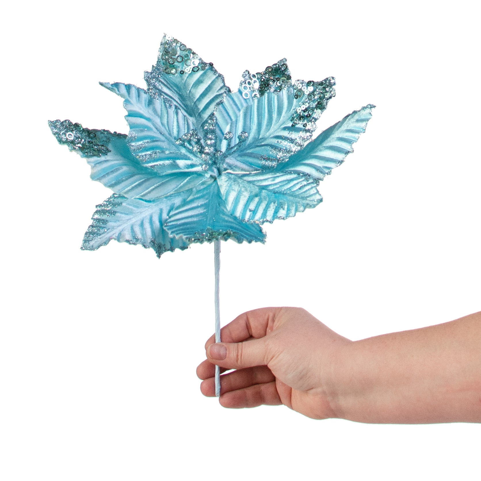 11" Velvet Glitter Poinsettia Stem: Light Blue detail photo 3