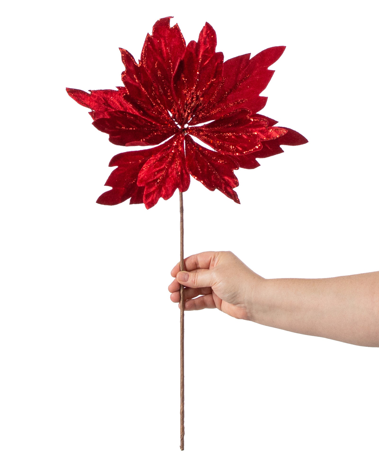 19" Velvet Glitter Poinsettia Stem: Red detail photo 3