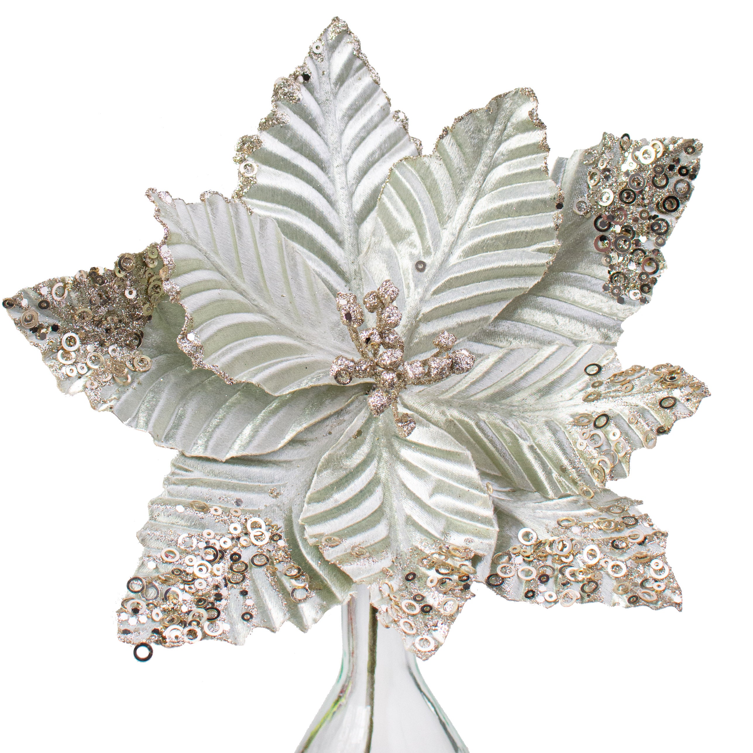 11" Velvet Glitter Poinsettia Stem: Sage Green Item Number: NF411830