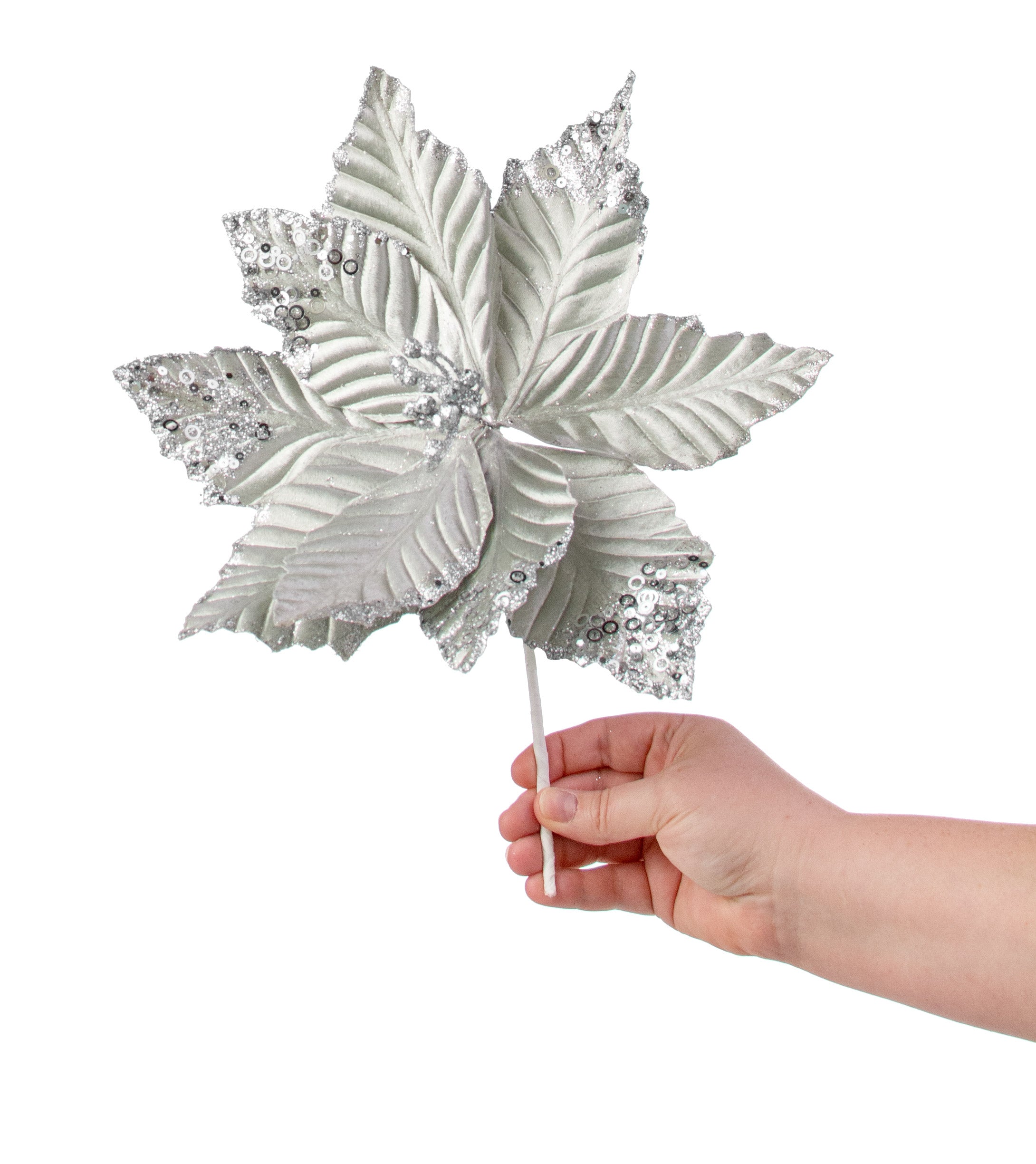 11" Velvet Glitter Poinsettia Stem: Silver detail photo 3