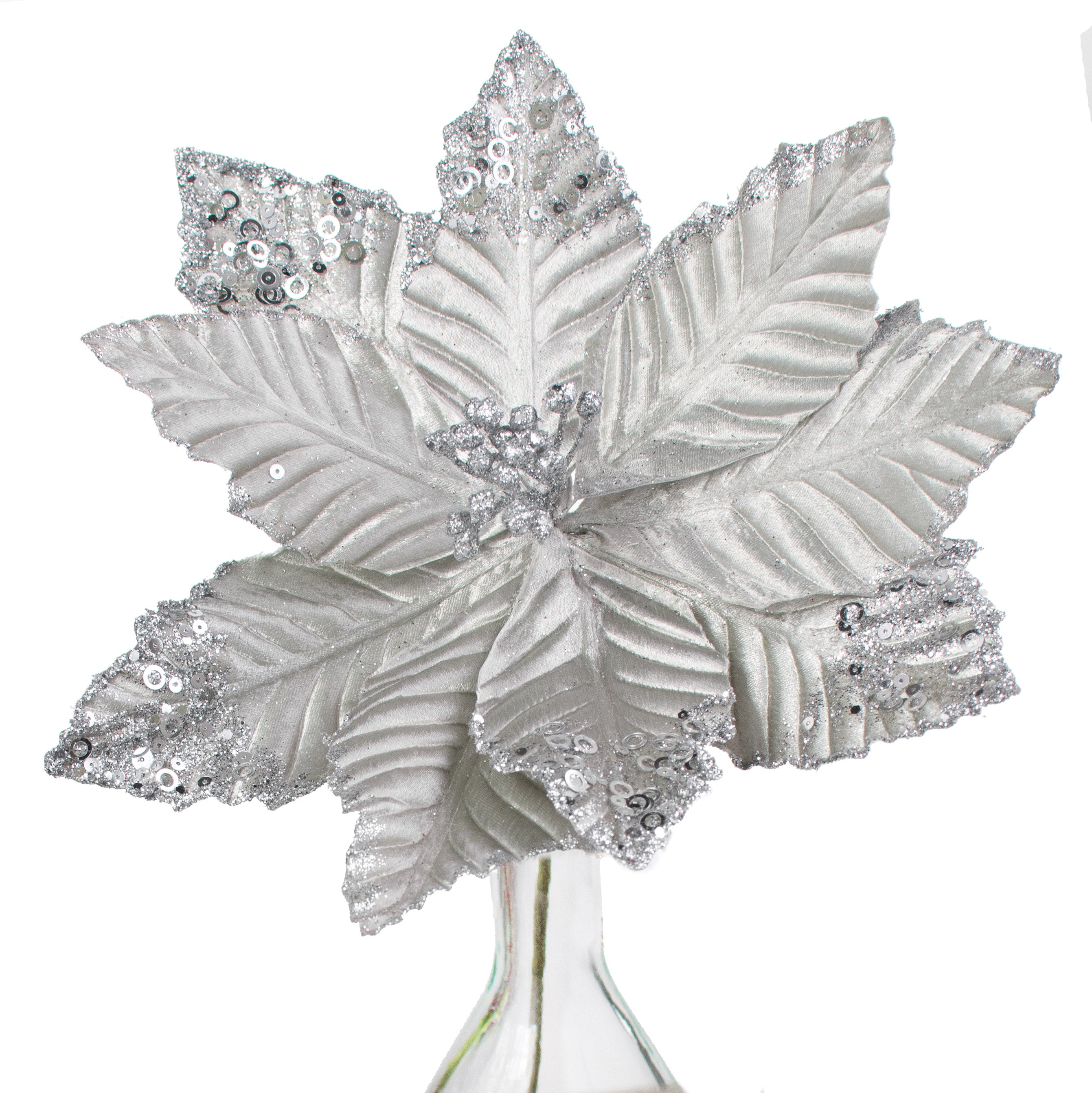 11" Velvet Glitter Poinsettia Stem: Silver Item Number: NF410826