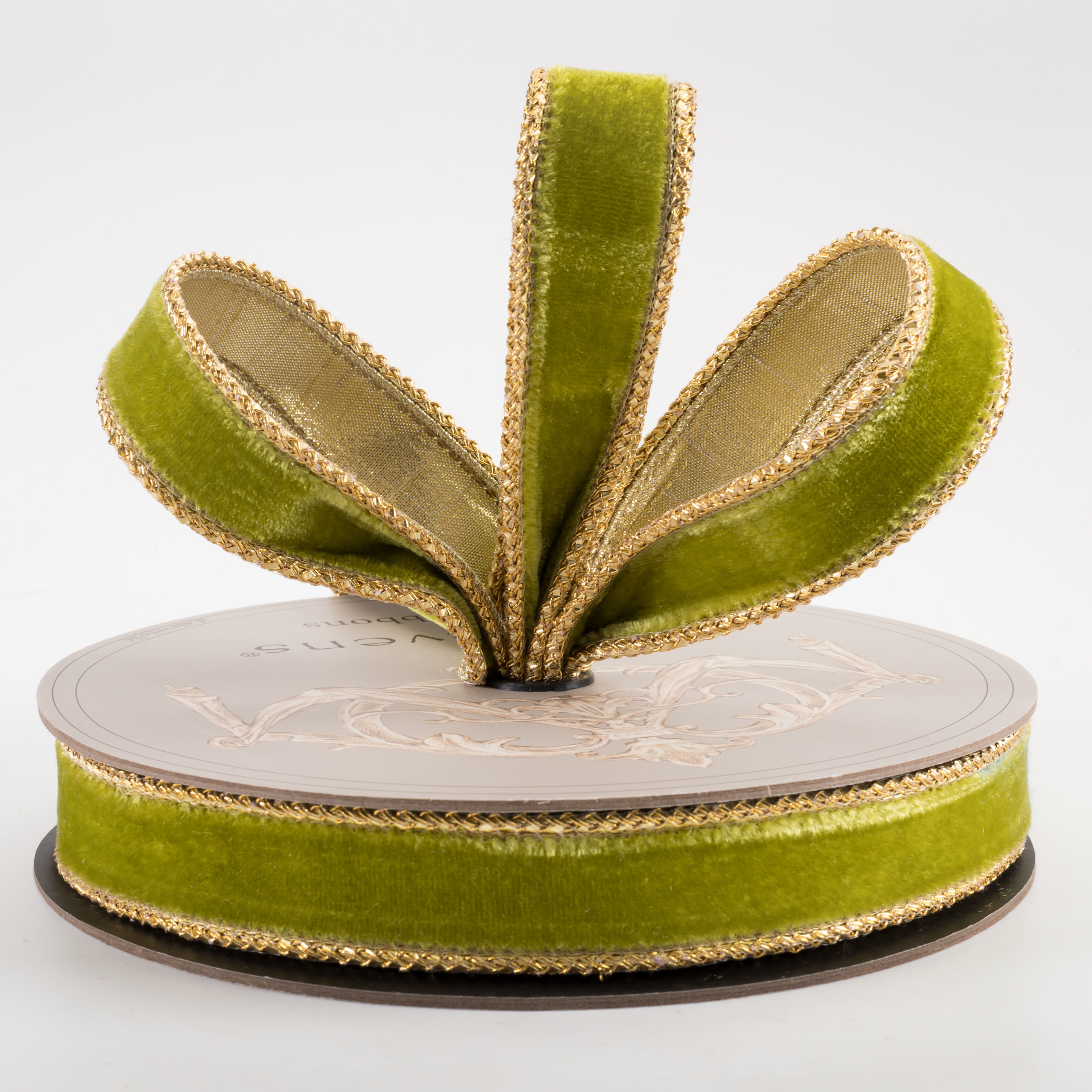 [D Stevens] 1" Velvet Gold Braid Edge Ribbon: Moss Green (10 Yards) Lifestyle Photo
