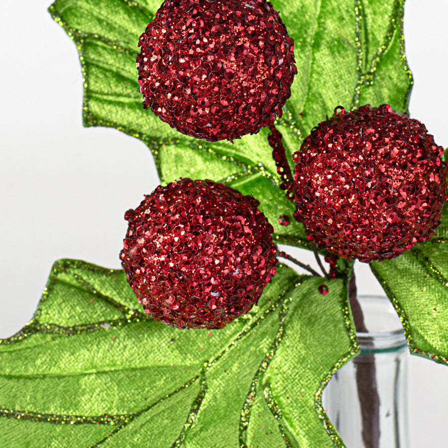 13" Velvet Holly Leaf Pick: Red & Green Lifestyle Photo
