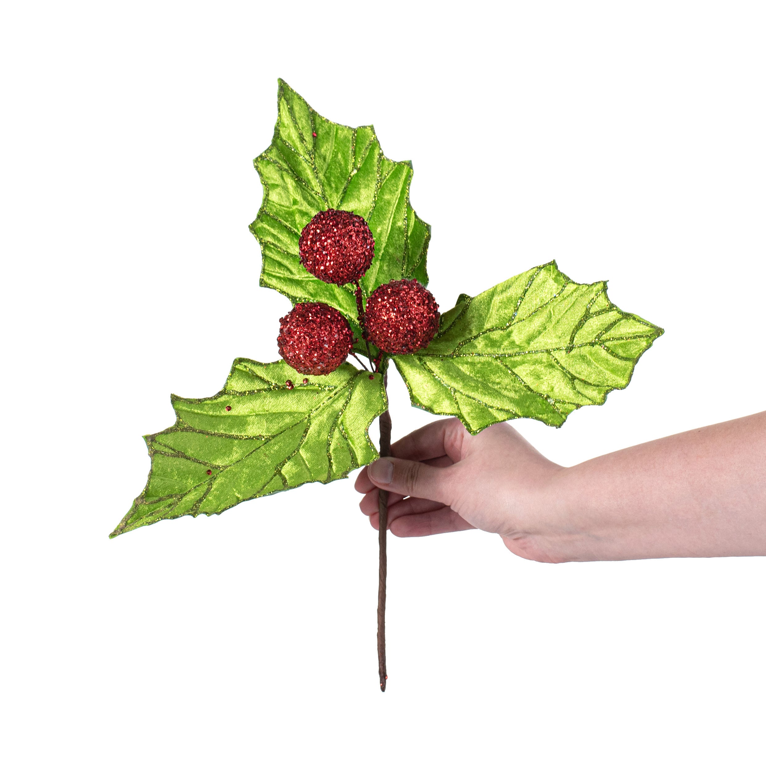 13" Velvet Holly Leaf Pick: Red & Green detail photo 3
