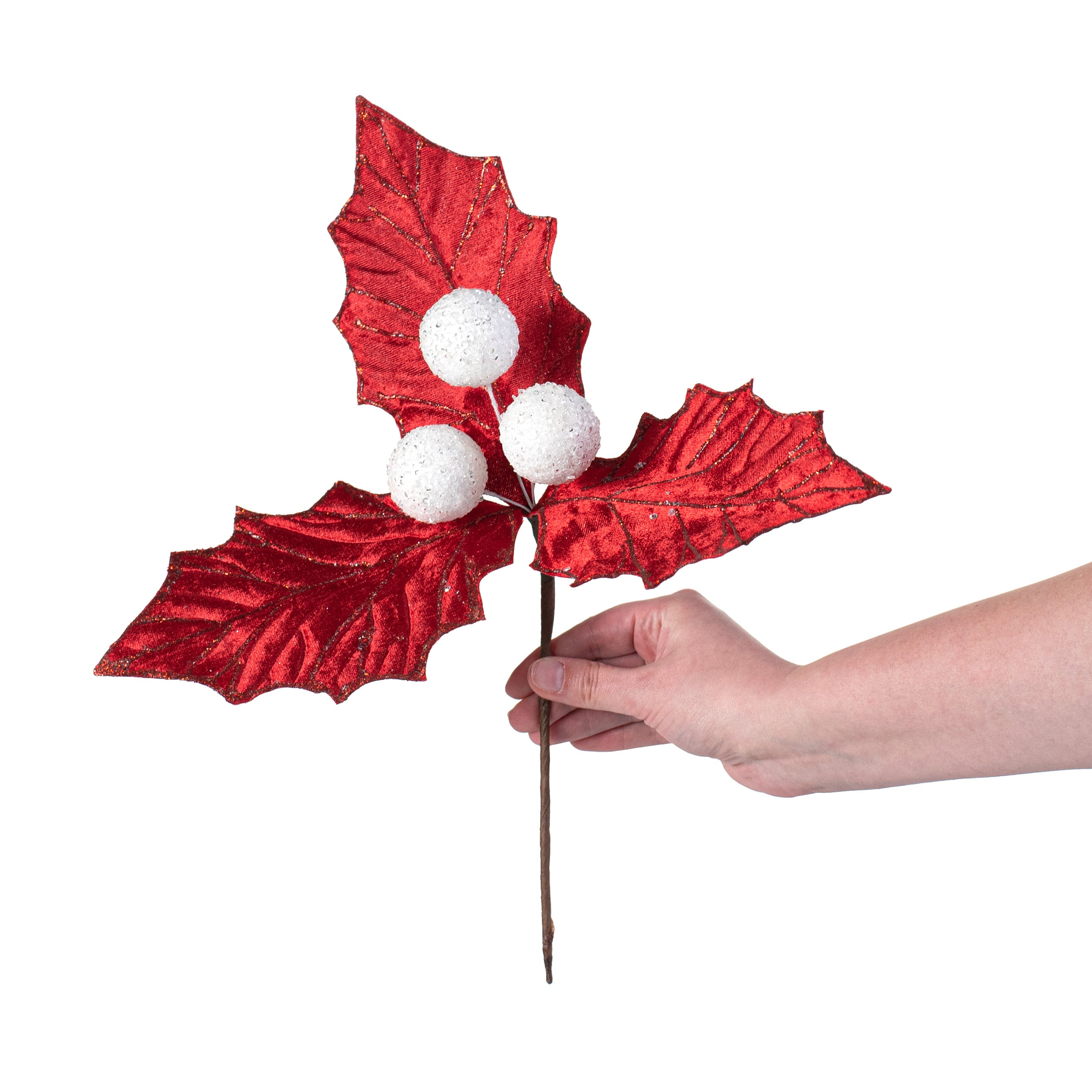 13" Velvet Holly Leaf Pick: Red & White detail photo 3