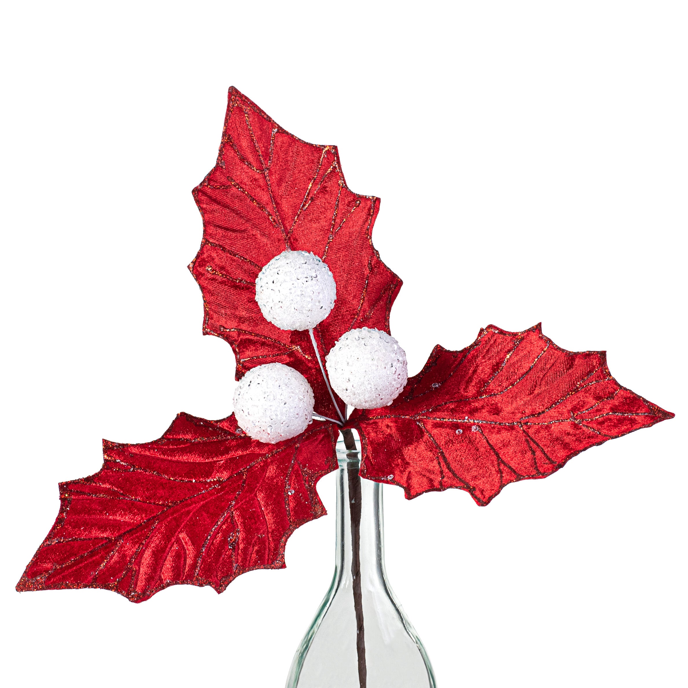 13" Velvet Holly Leaf Pick: Red & White Item Number: 84587RDWT