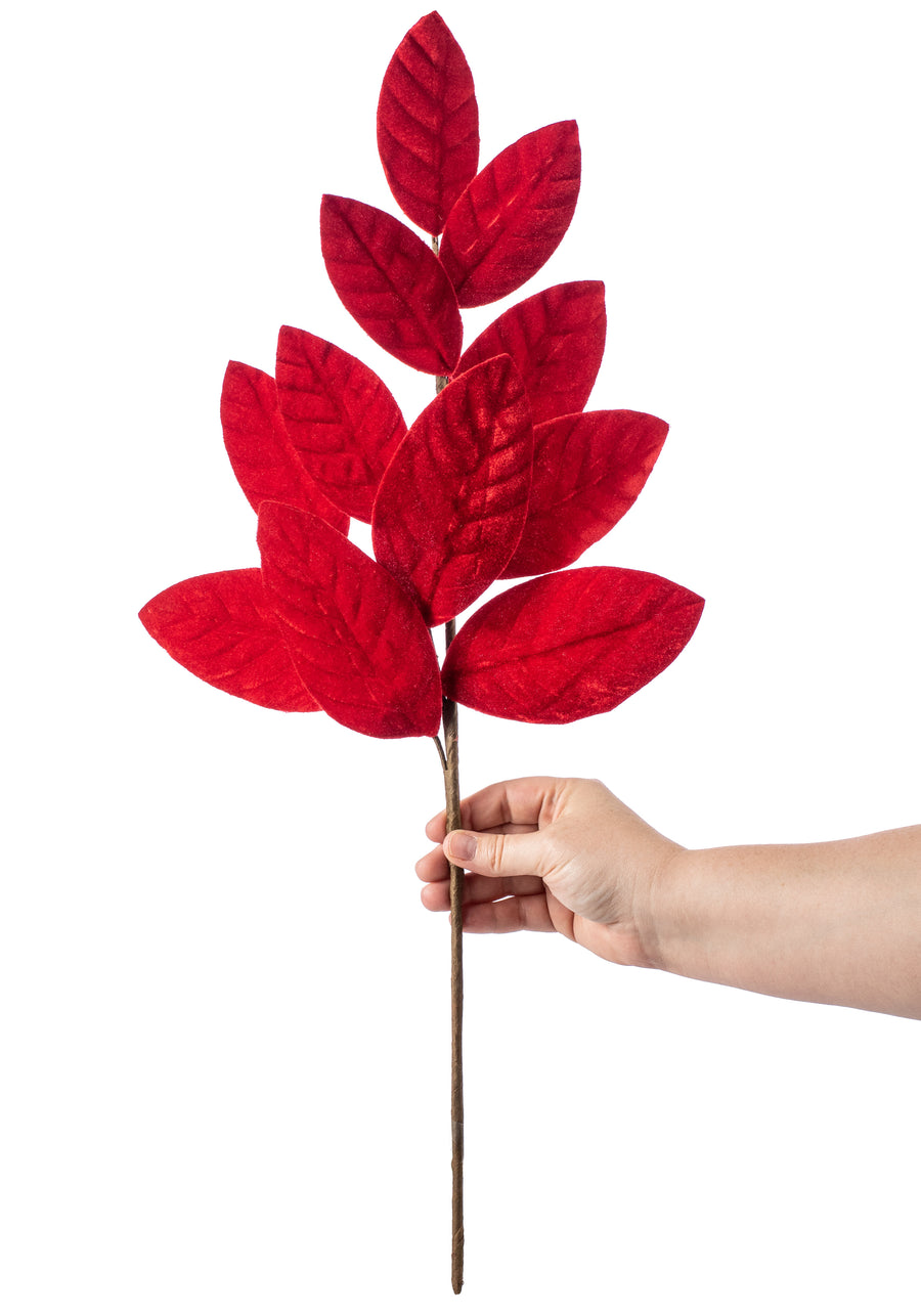 26" Velvet Magnolia Leaf Spray: Red Lifestyle Photo