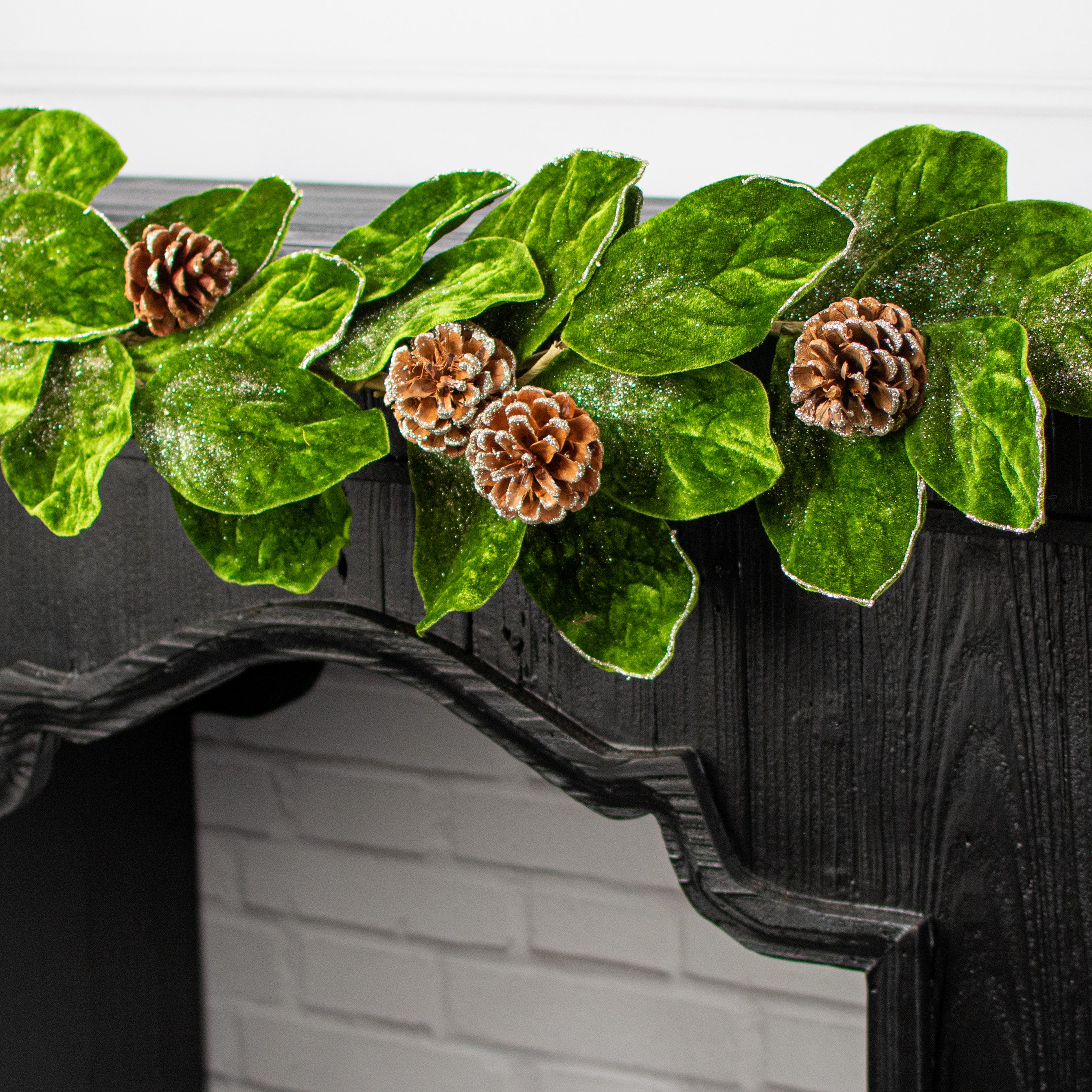 4' Velvet Magnolia Leaves & Pinecone Garland Lifestyle Photo