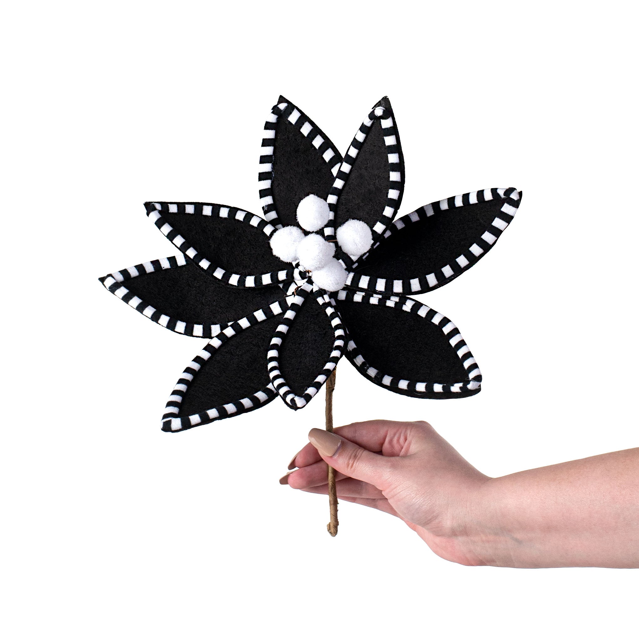 11" Velvet Peppermint Edge Poinsettia Pick: Black & White detail photo 3