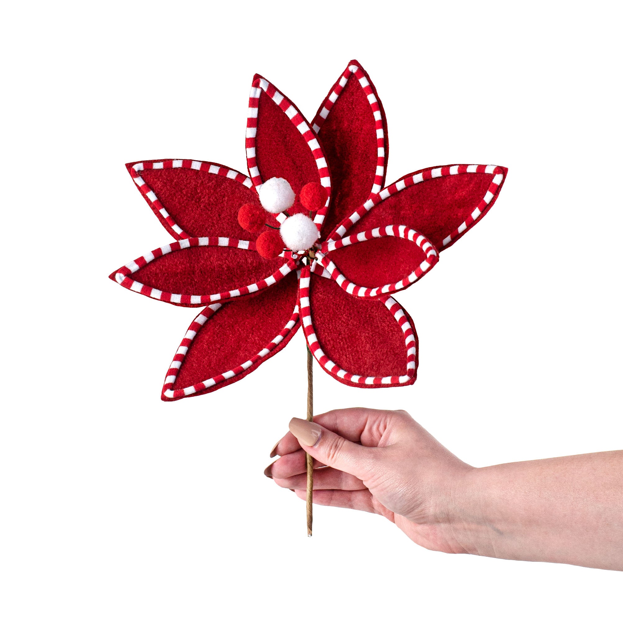 11" Velvet Peppermint Edge Poinsettia Pick: Red & White detail photo 3