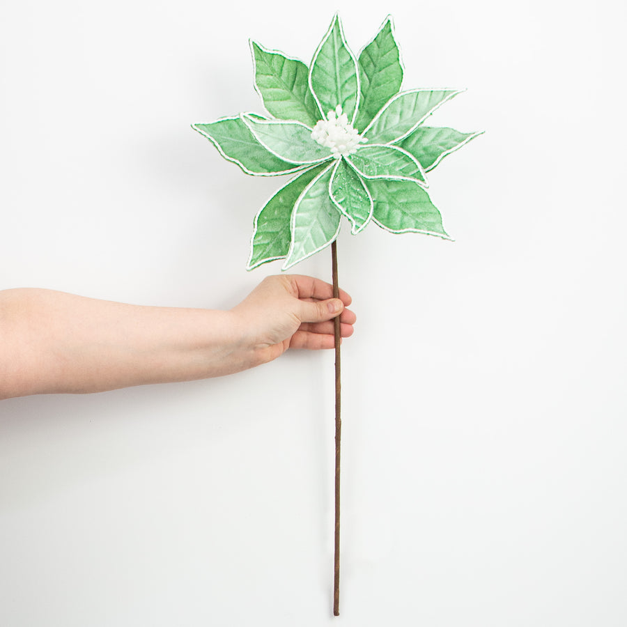 22" Velvet Poinsettia Stem: Frozen Green detail photo 3