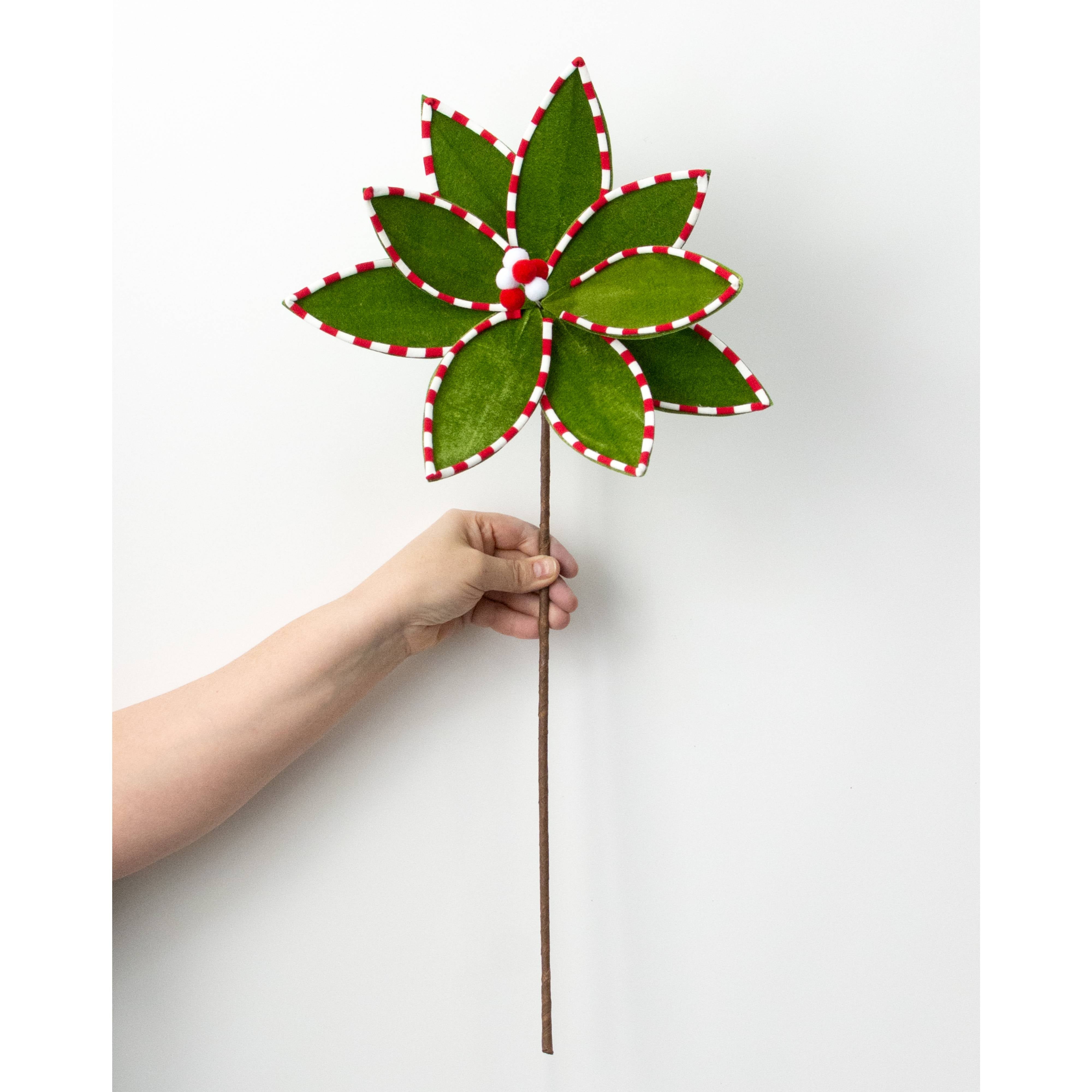 12" x 25" Velvet Poinsettia Stem: Green, Red & White detail photo 3