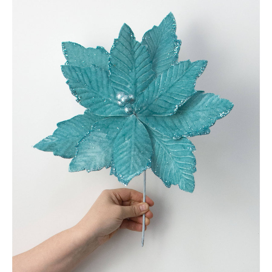 14" x 16" Velvet Poinsettia Stem: Ice Blue Teal detail photo 3